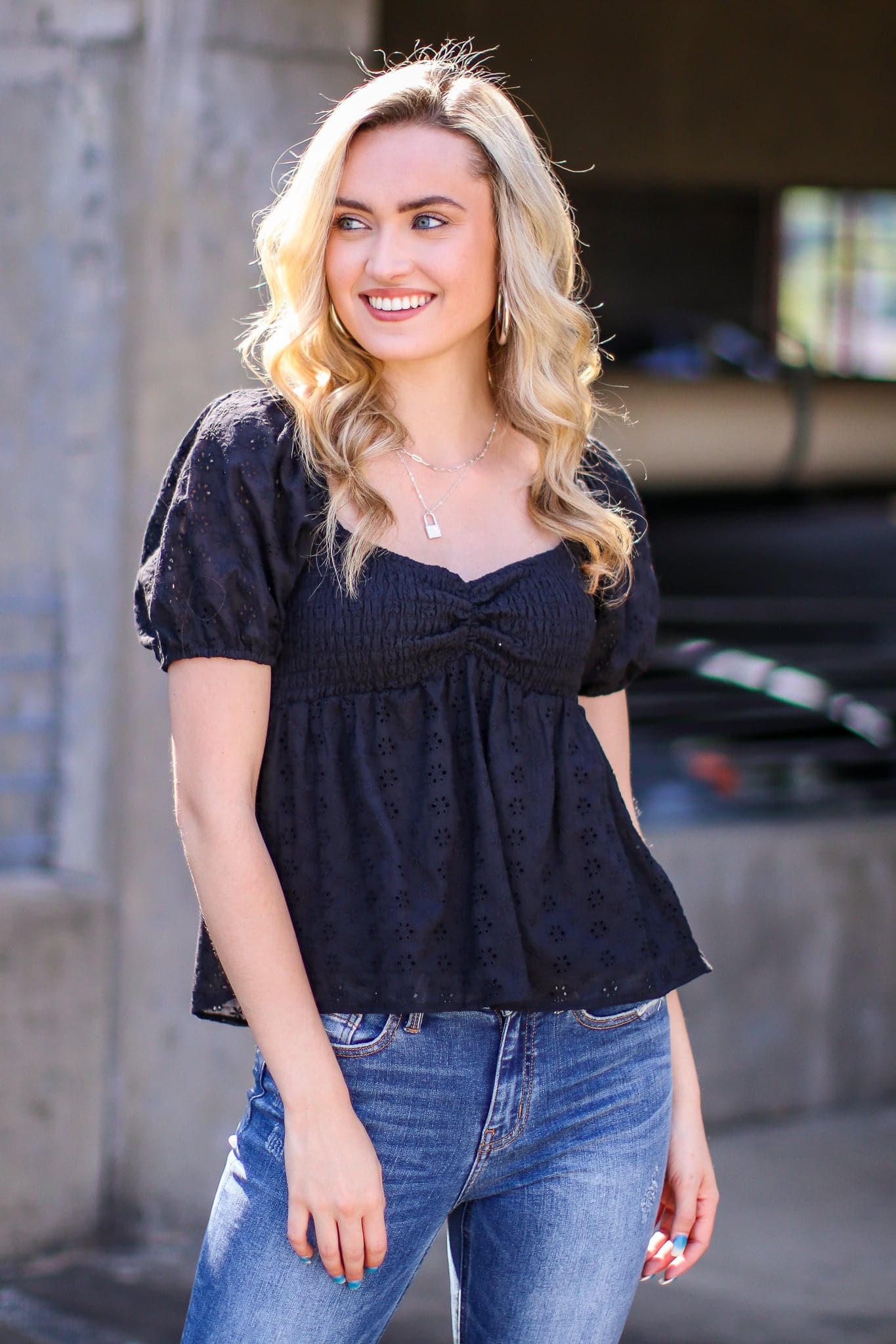 Black / S Jeana Eyelet Sweetheart Puff Sleeve Top | CURVE - FINAL SALE - Madison and Mallory