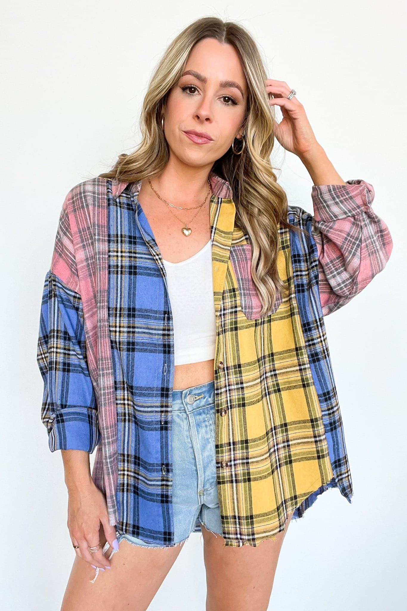 Yellow/Sky/Pink / S Kacee Color Block Plaid Button Down Top - BACK IN STOCK - Madison and Mallory