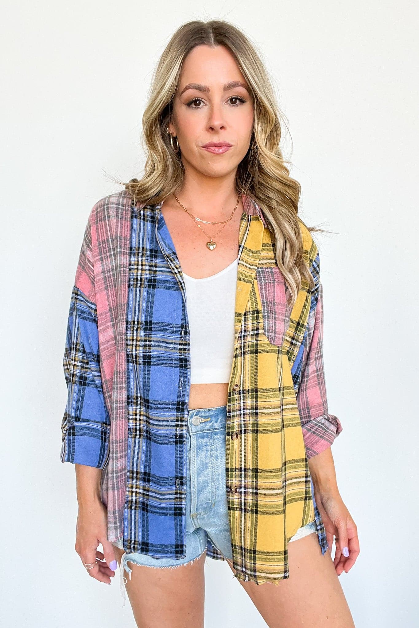  Kacee Color Block Plaid Button Down Top - BACK IN STOCK - Madison and Mallory