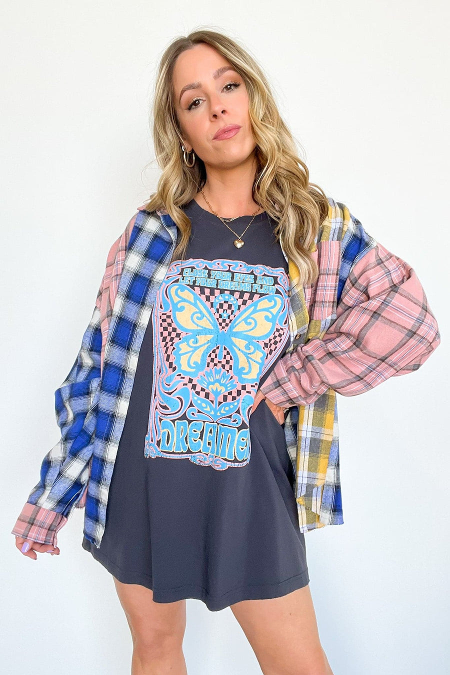 Pink/Blue/Yellow / S Kacee Color Block Plaid Button Down Top - BACK IN STOCK - Madison and Mallory
