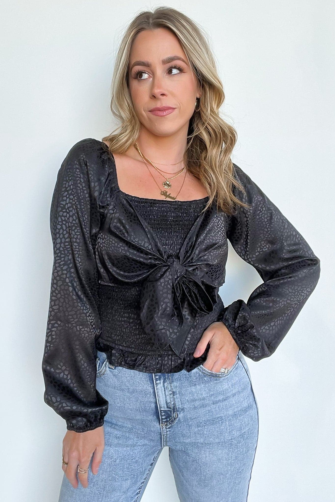 S / Black Kamali Smocked Satin Tie Front Top - FINAL SALE - Madison and Mallory
