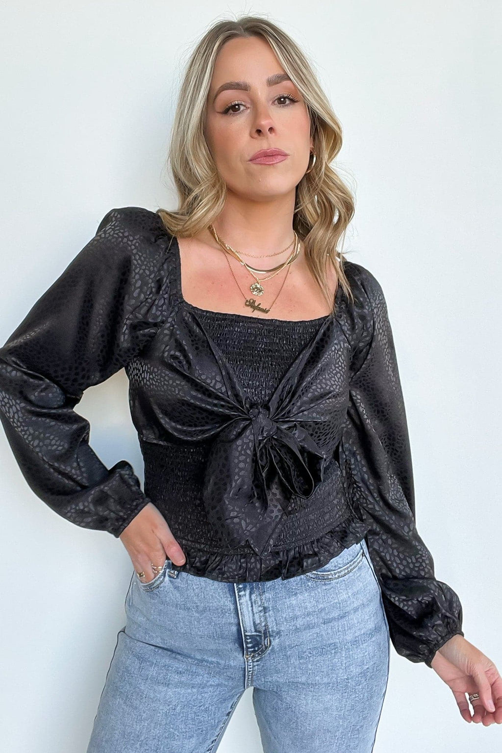  Kamali Smocked Satin Tie Front Top - FINAL SALE - Madison and Mallory