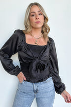  Kamali Smocked Satin Tie Front Top - FINAL SALE - Madison and Mallory