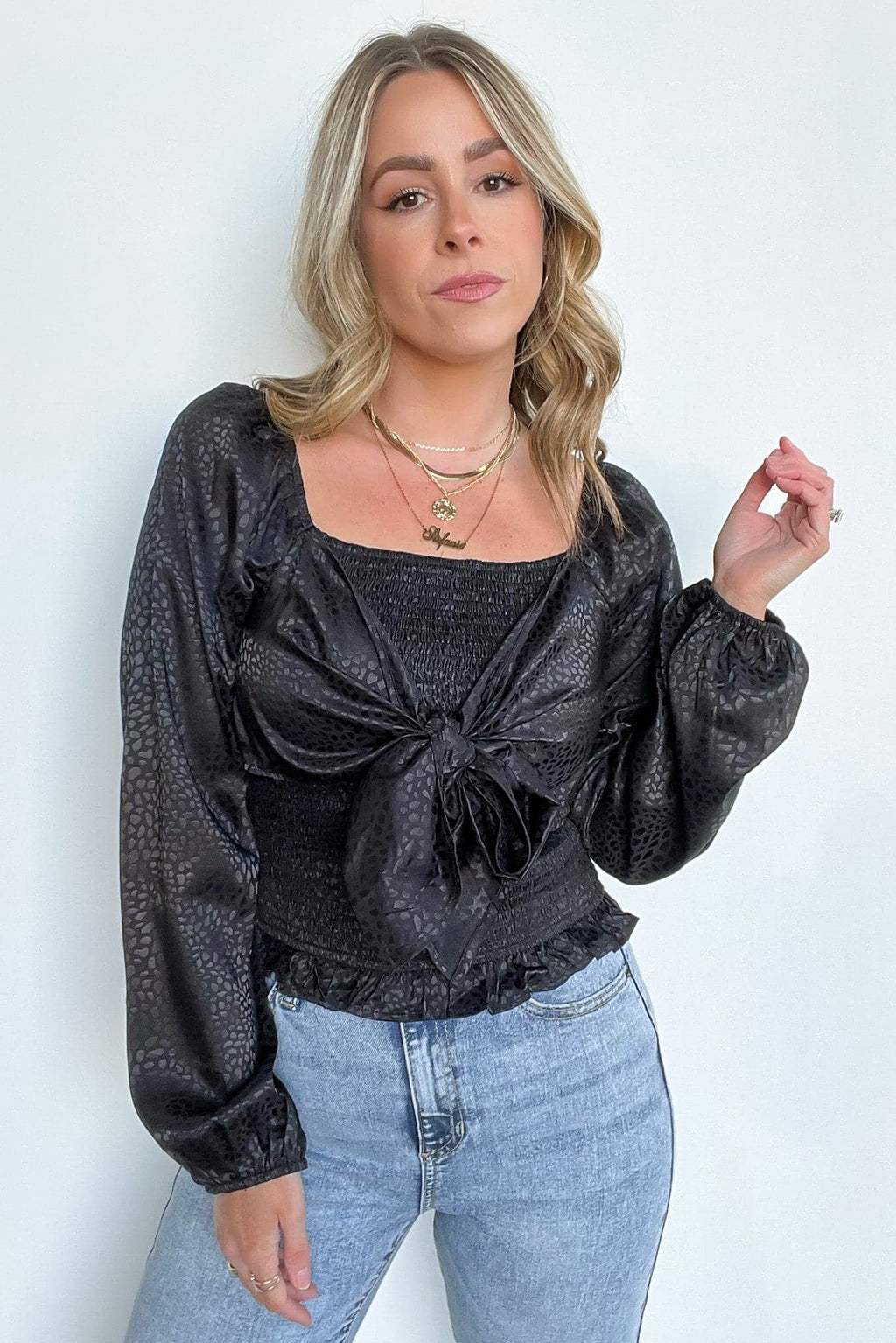  Kamali Smocked Satin Tie Front Top - FINAL SALE - Madison and Mallory