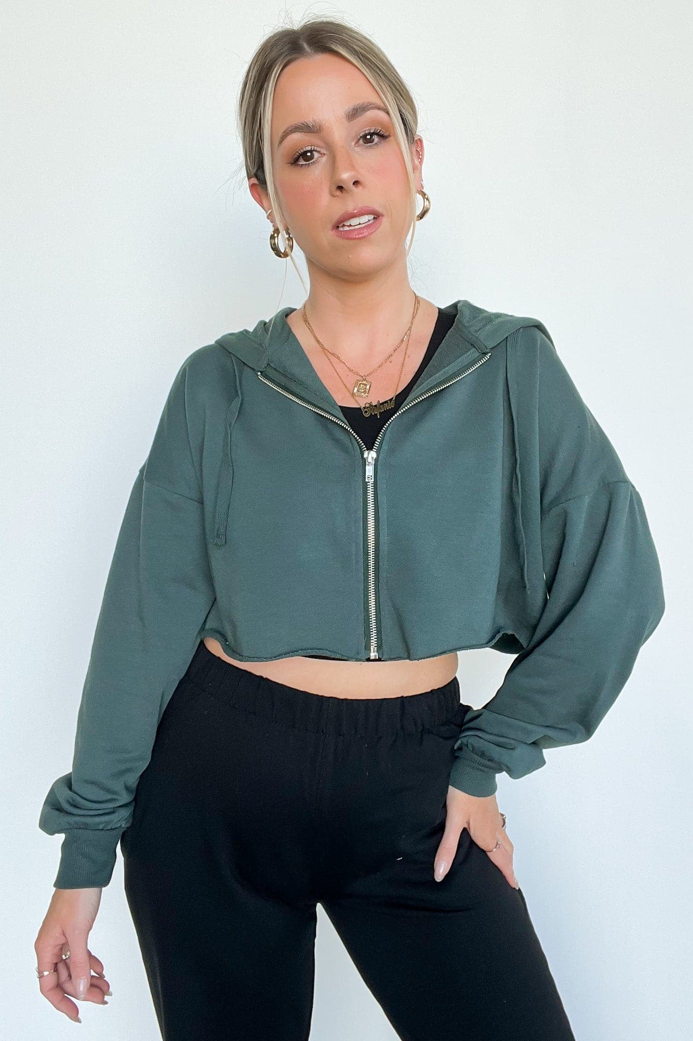 Jungle Green / S Kayye Cropped Zip Hooded Jacket - BACK IN STOCK - Madison and Mallory