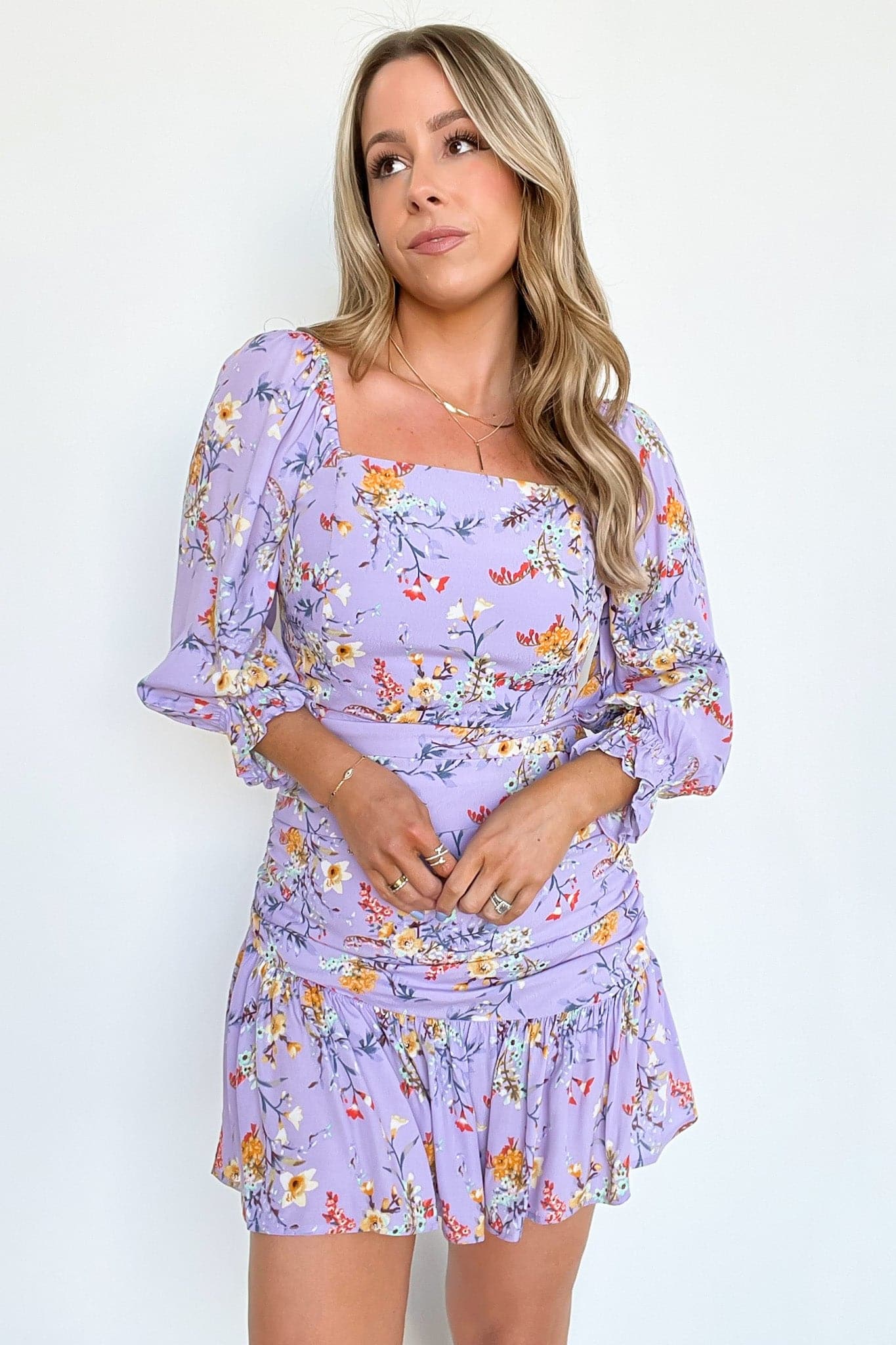 S / Lavender Khiara Floral Ruched Tie Back Dress - FINAL SALE - Madison and Mallory