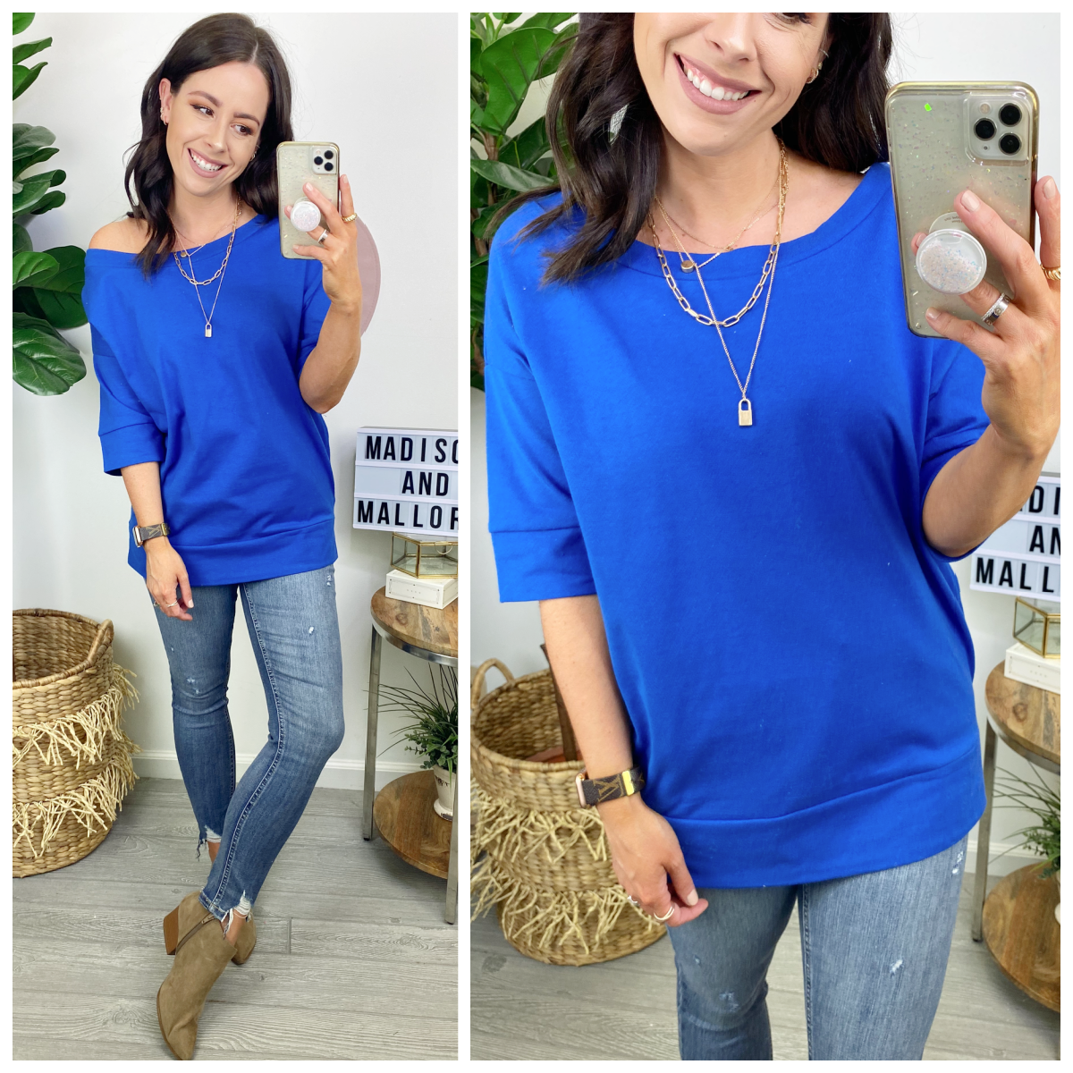 S / Royal Blue Kiki Boat Neck Relaxed Terry Knit Top - FINAL SALE - Madison and Mallory