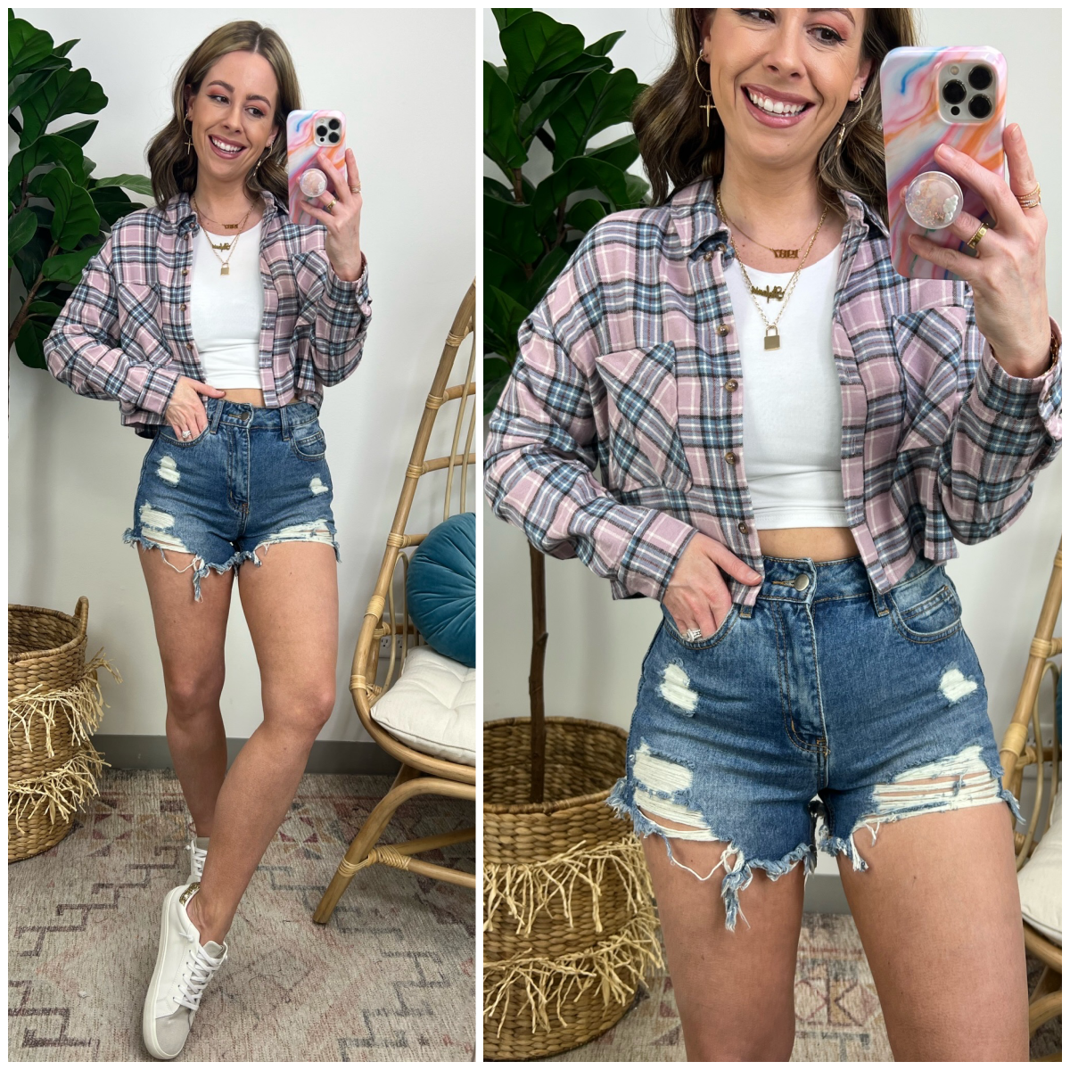  Kiley Plaid Cropped Button Down - Madison and Mallory