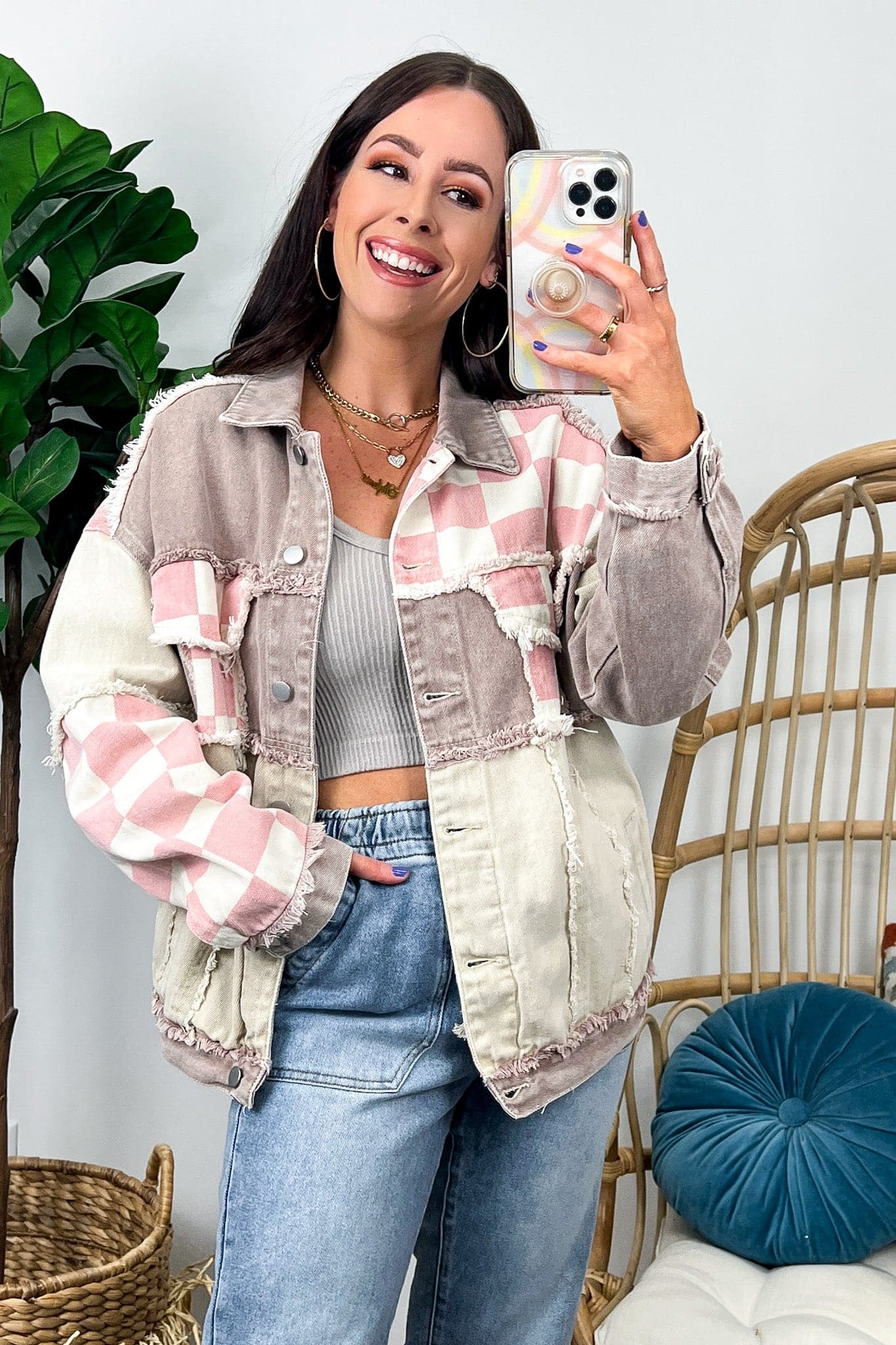  Know the Vibe Checkered Pattern Denim Jacket - BACK IN STOCK - Madison and Mallory