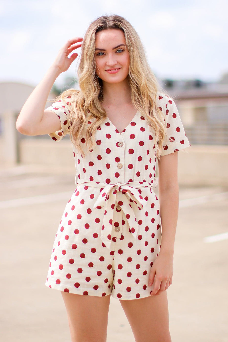 S / Natural Kyli Polka Dot Tie Waist Romper - FINAL SALE - Madison and Mallory