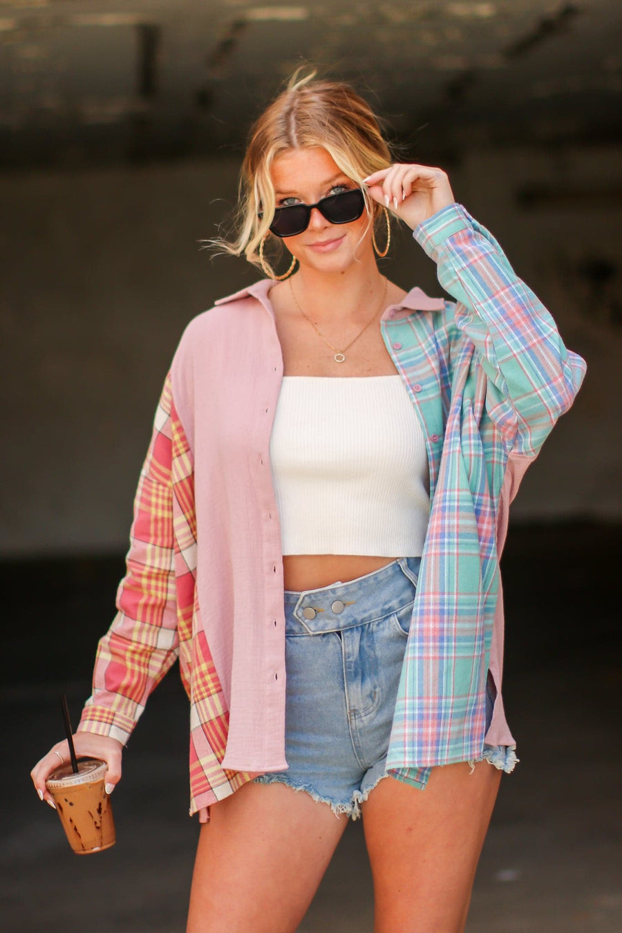 Pink/Mint Multi / S Late Goodbye Plaid Contrast Color Block Top - BACK IN STOCK - Madison and Mallory