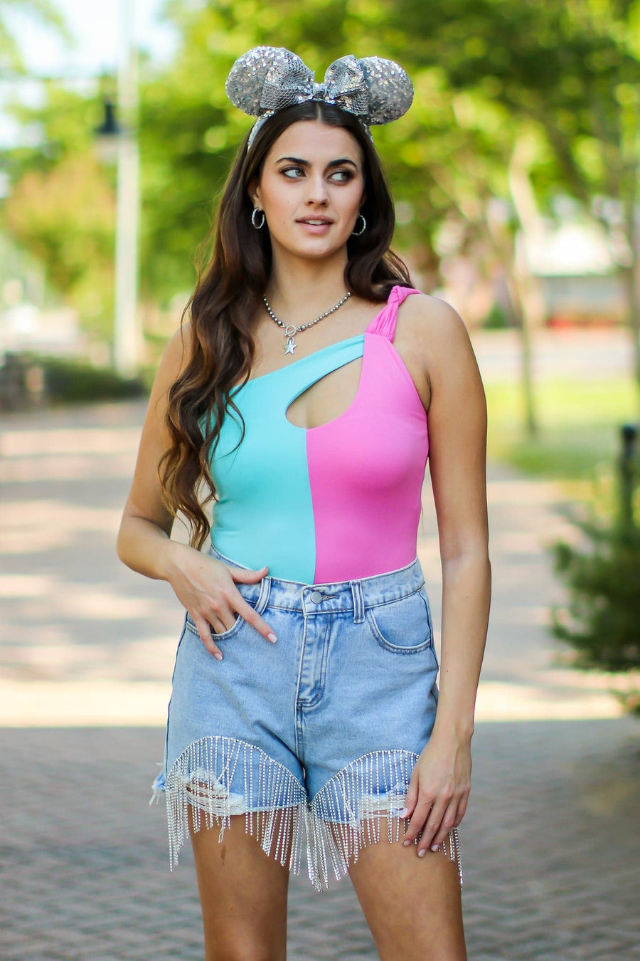 Pink/Aqua / S Laynie Color Block One Shoulder Bodysuit - FINAL SALE - Madison and Mallory