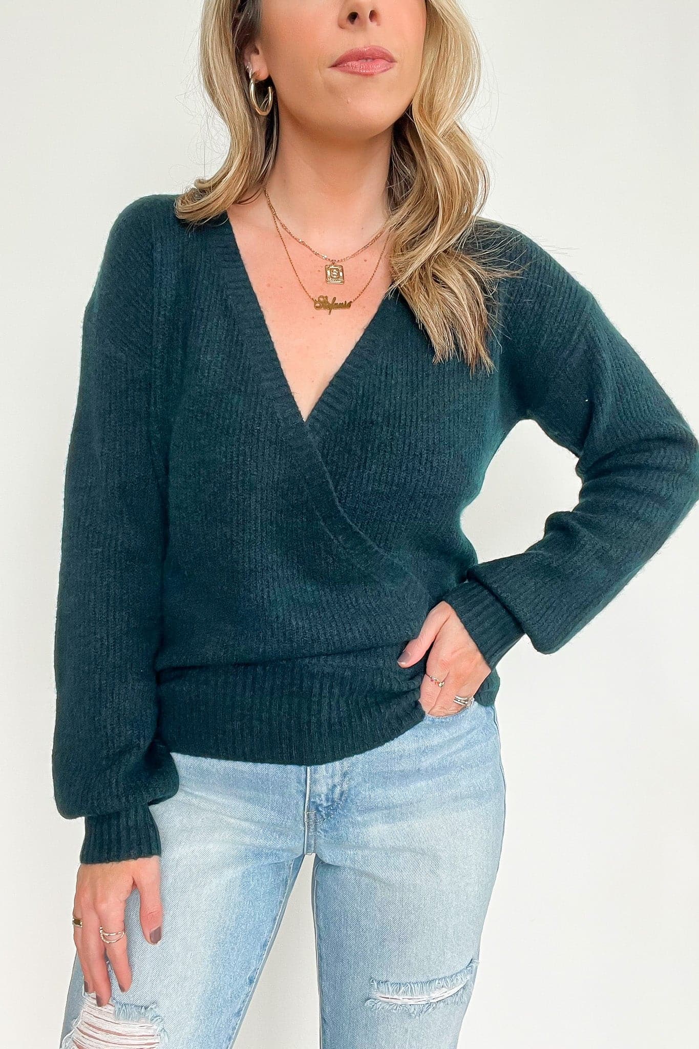 S / Forest Green Leandrah Surplice V-Neck Sweater - Madison and Mallory