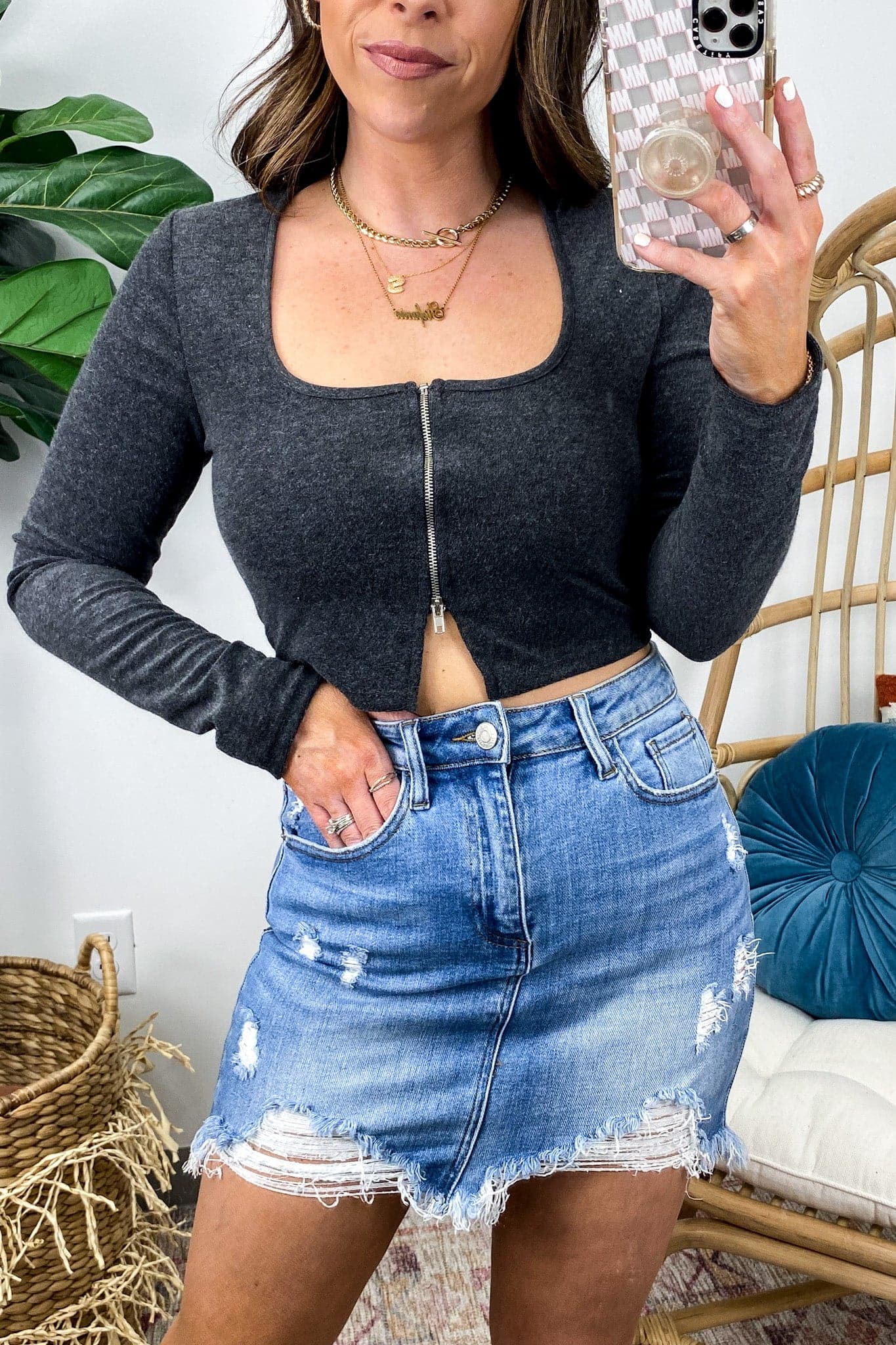 S / Charcoal Local Flare Long Sleeve Half Zip Crop Top - FINAL SALE - Madison and Mallory