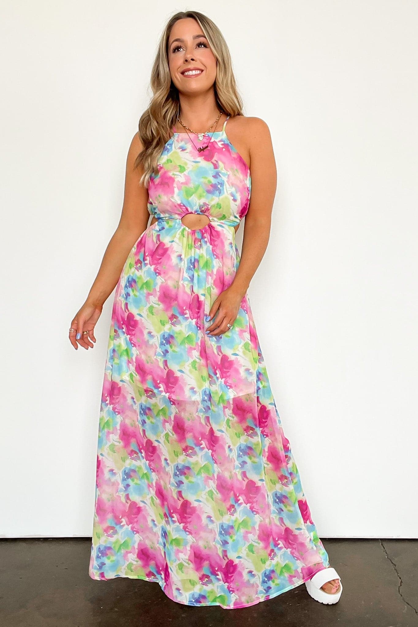 S / Fuchsia/Blue Looking so Flirty Floral Cutout Maxi Dress - FINAL SALE - Madison and Mallory