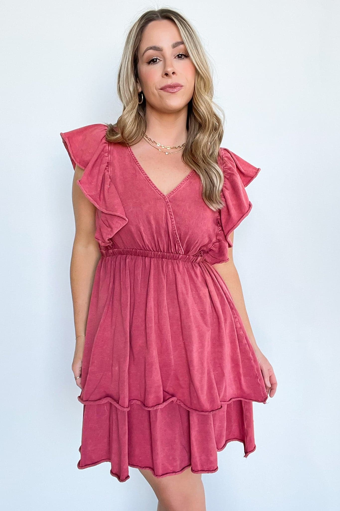 Dark Pink / S Lovely Spirit Flutter Sleeve Tiered Dress - FINAL SALE - Madison and Mallory