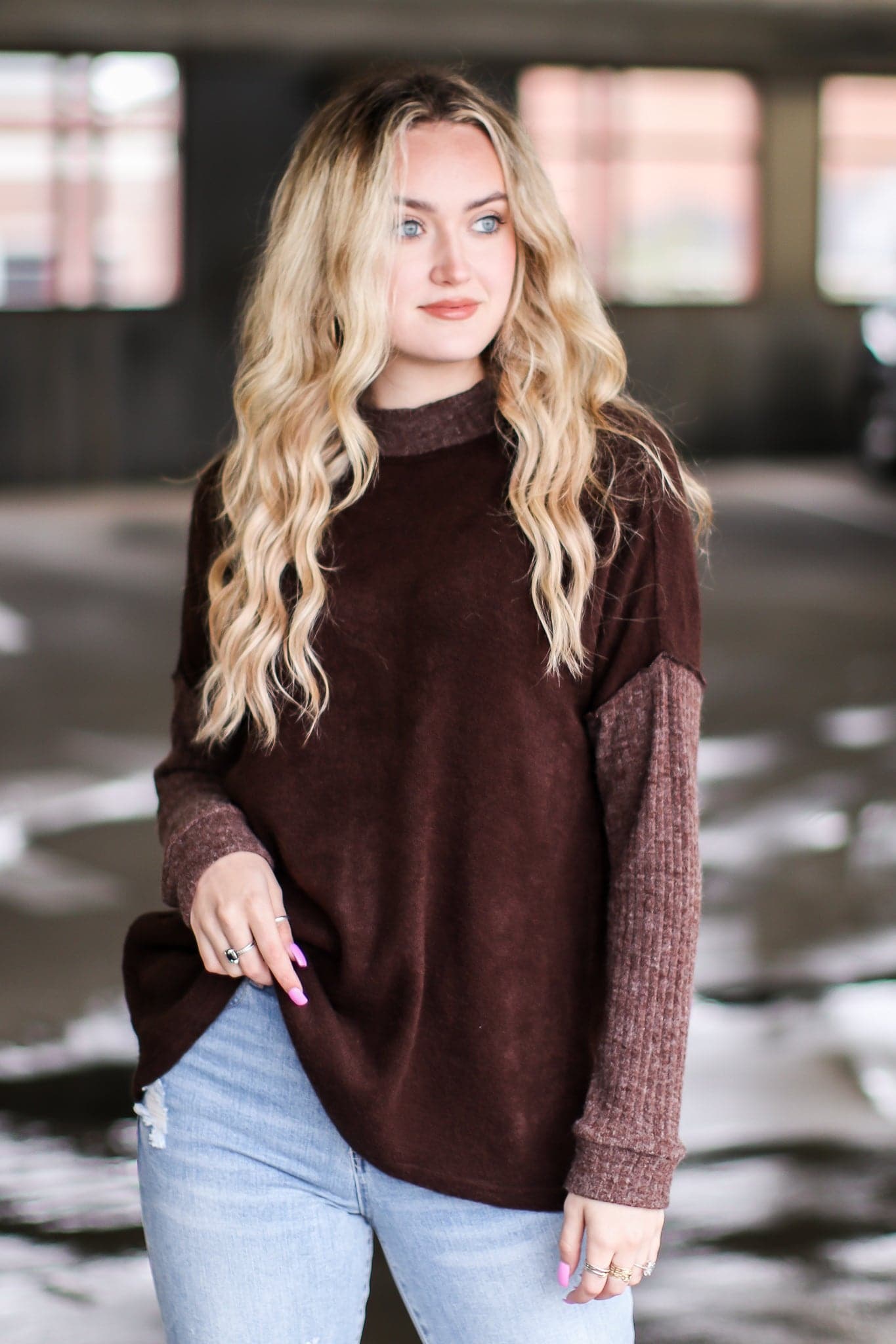 Chocolate / S Loving Arms Ribbed Knit Contrast Sweater - FINAL SALE - Madison and Mallory