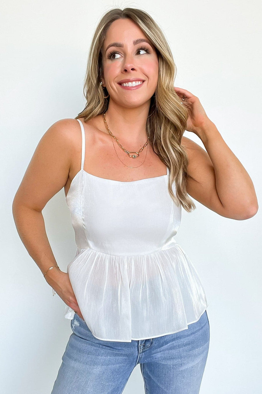 Off White / S Lucindah Satin Peplum Tank Top - FINAL SALE - Madison and Mallory