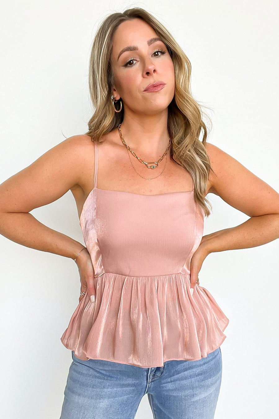 Dusty Rose / S Lucindah Satin Peplum Tank Top - FINAL SALE - Madison and Mallory