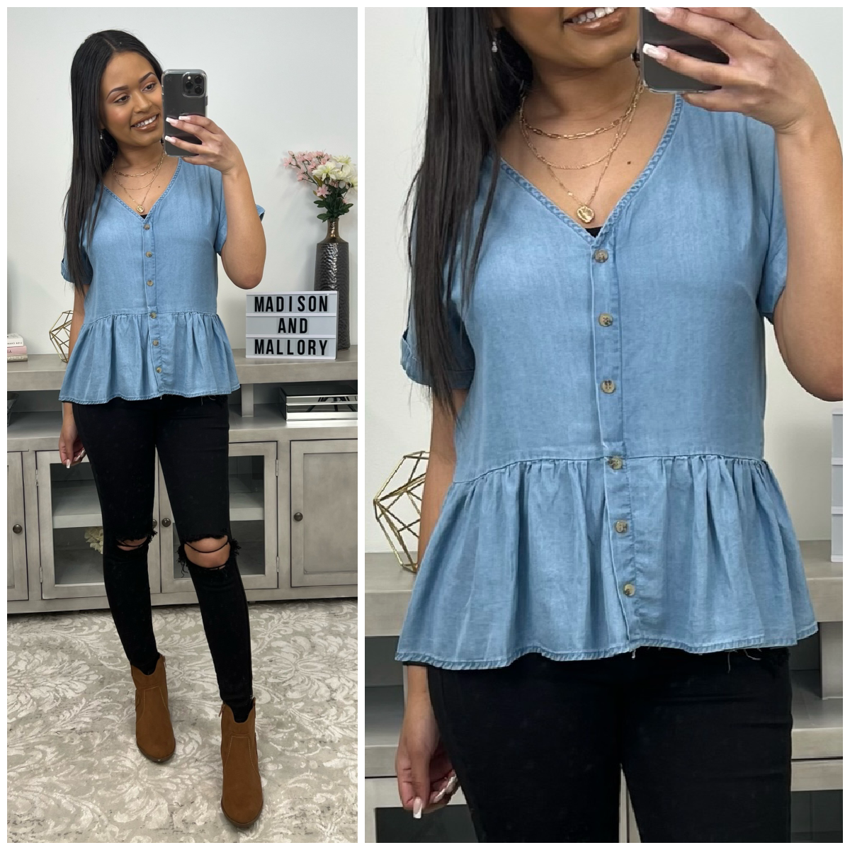  Madrigal Chambray Button Down Peplum Top - Madison and Mallory