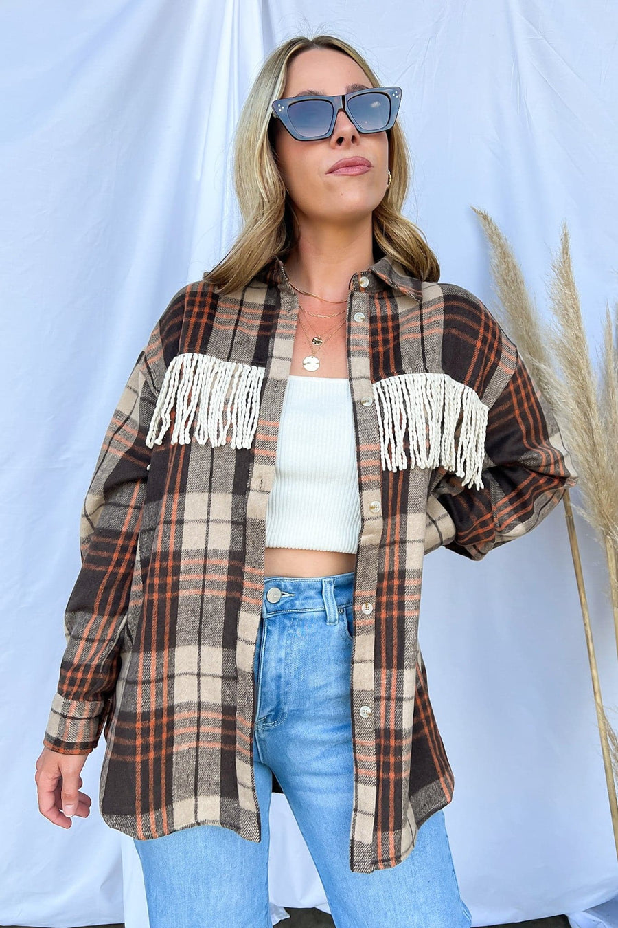S / Brown Multi Make a Getaway Plaid Fringe Button Down Shacket - FINAL SALE - Madison and Mallory