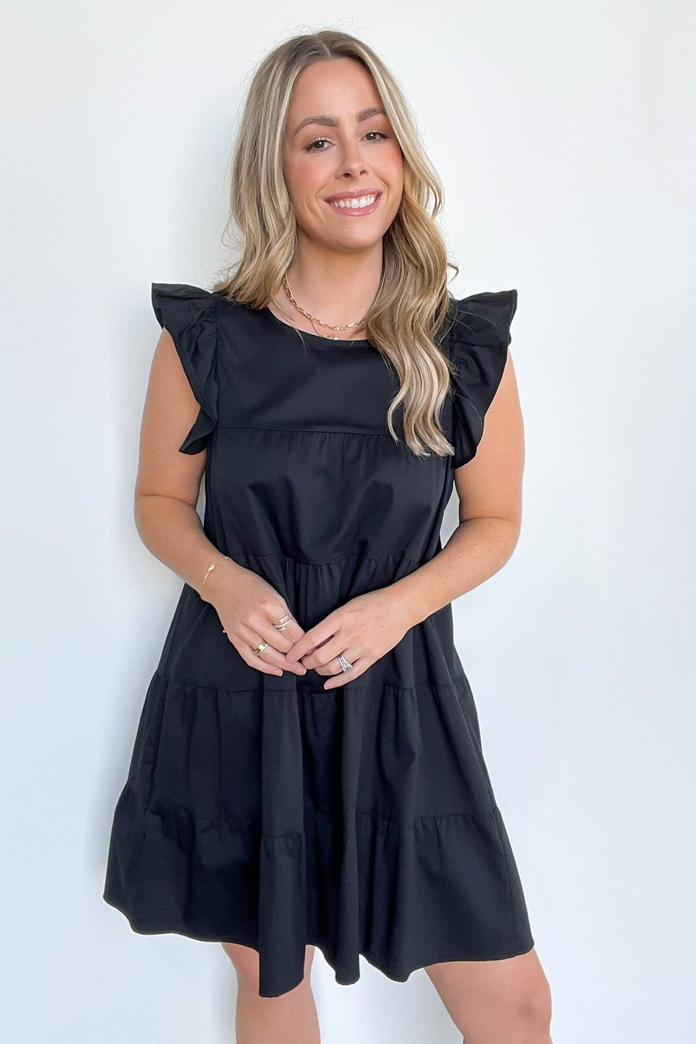 Black / S Mareena Tiered Ruffle Sleeve Dress - FINAL SALE - Madison and Mallory
