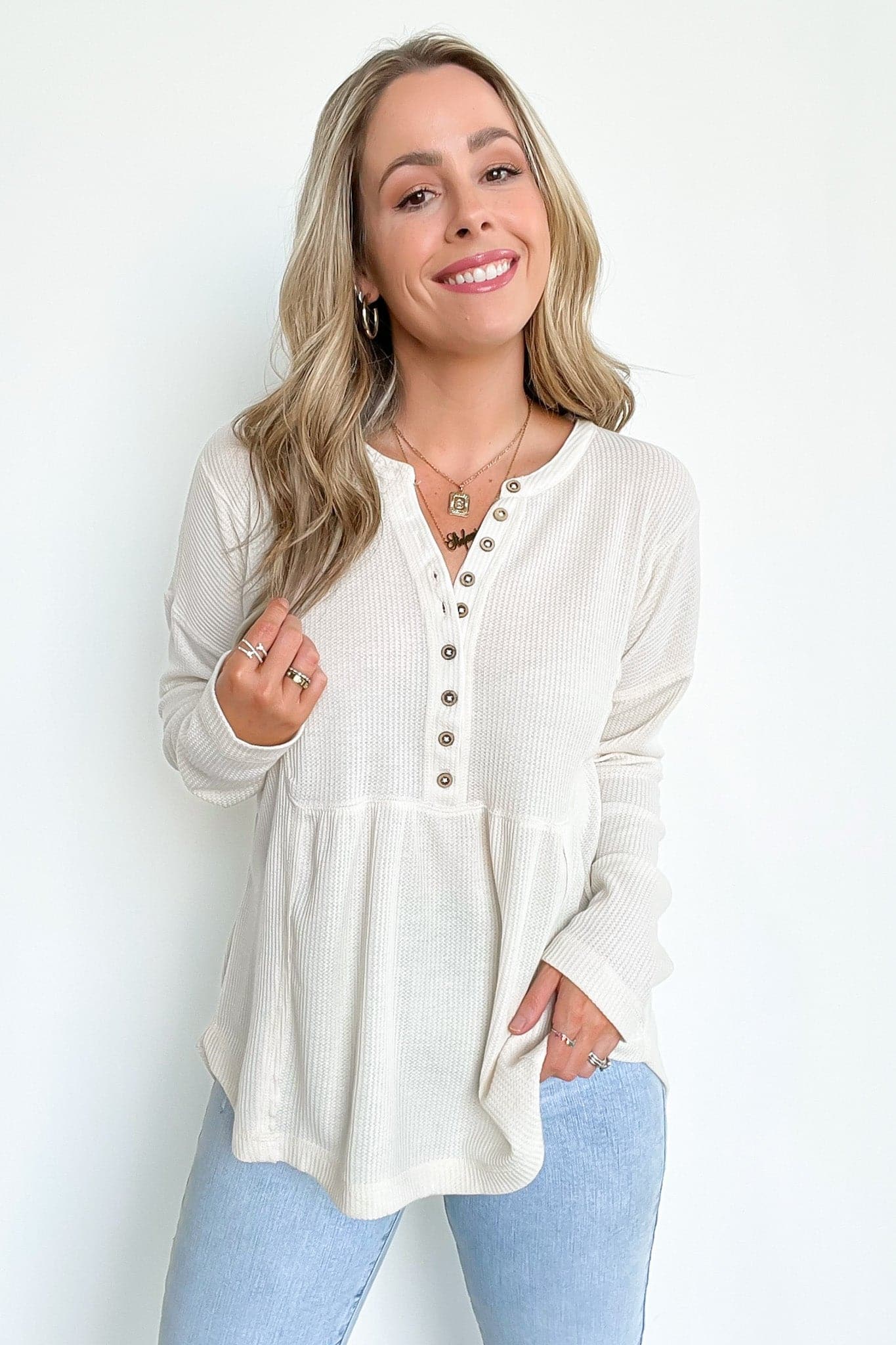 Cream / S Marilynn Waffle Knit Henley Top - BACK IN STOCK - Madison and Mallory