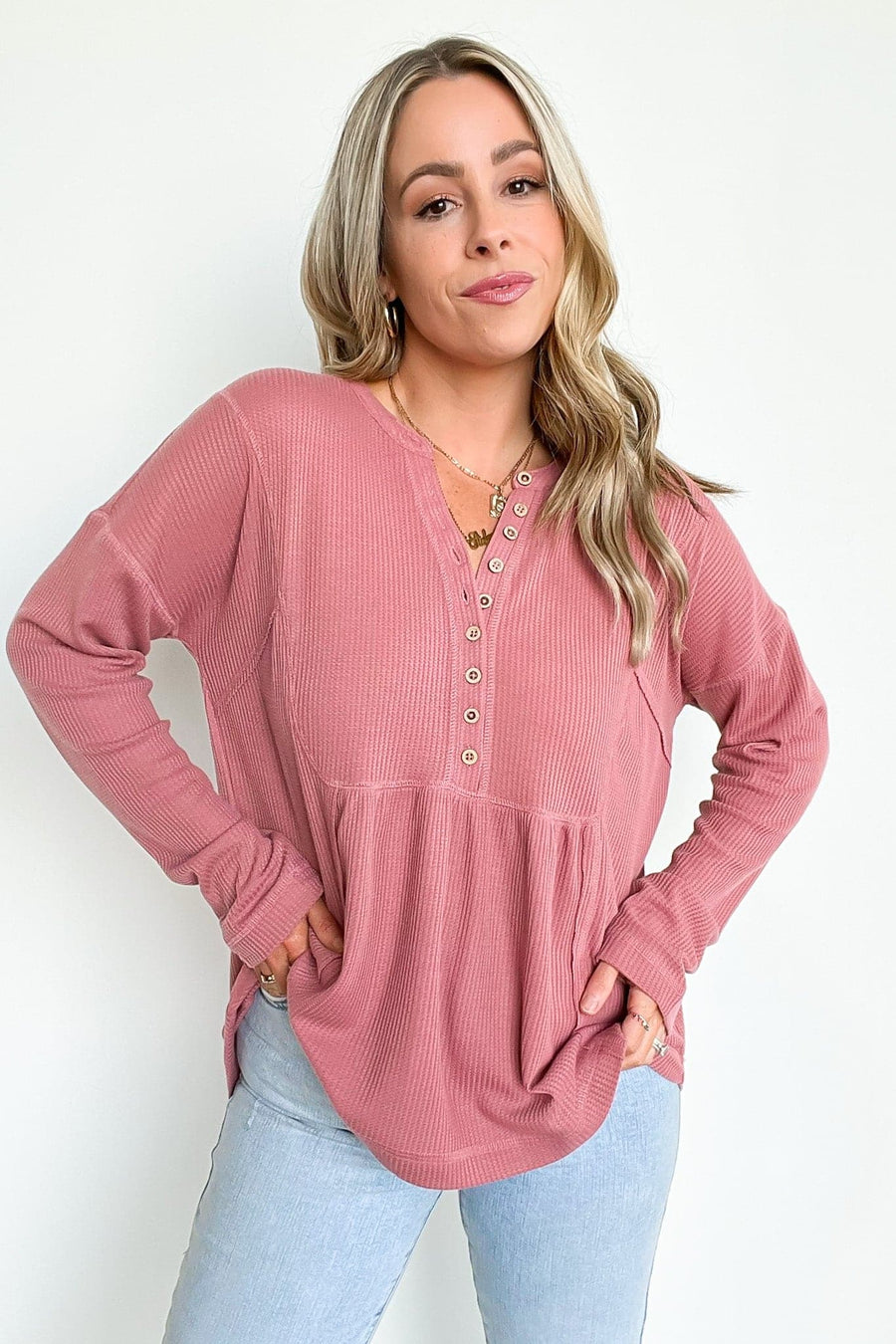 Brick / S Marilynn Waffle Knit Henley Top - BACK IN STOCK - Madison and Mallory