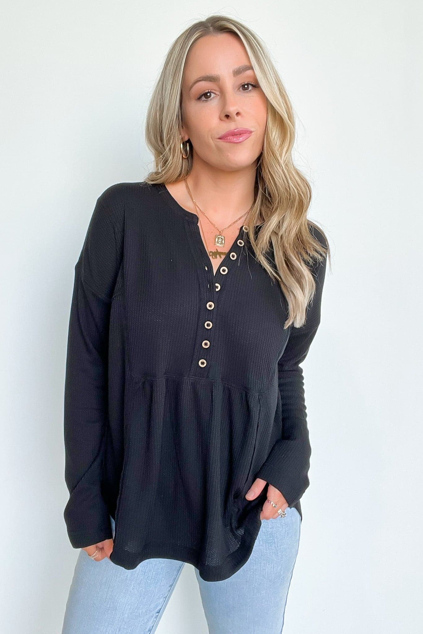  Marilynn Waffle Knit Henley Top - BACK IN STOCK - Madison and Mallory