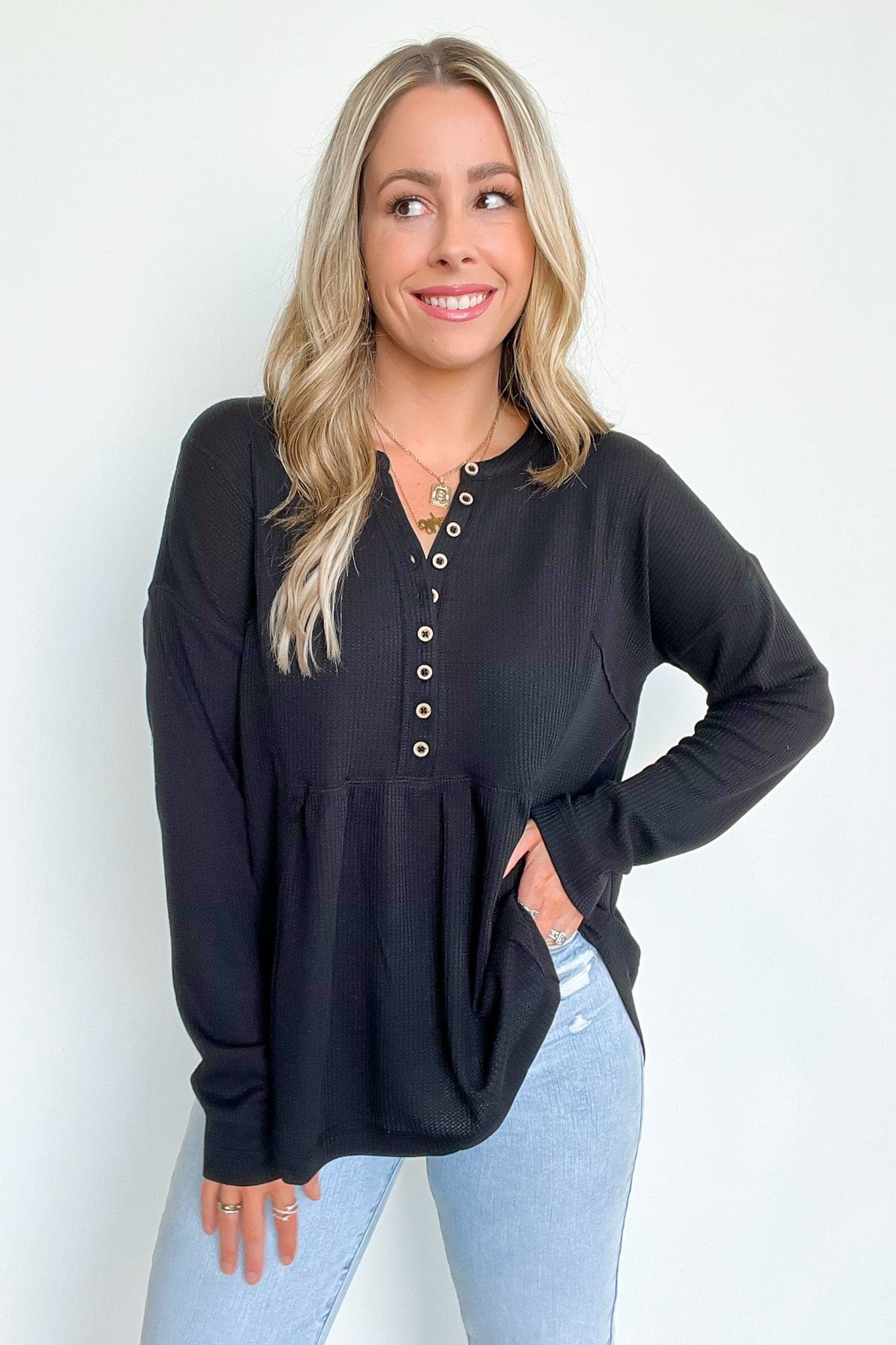 Black / S Marilynn Waffle Knit Henley Top - BACK IN STOCK - Madison and Mallory