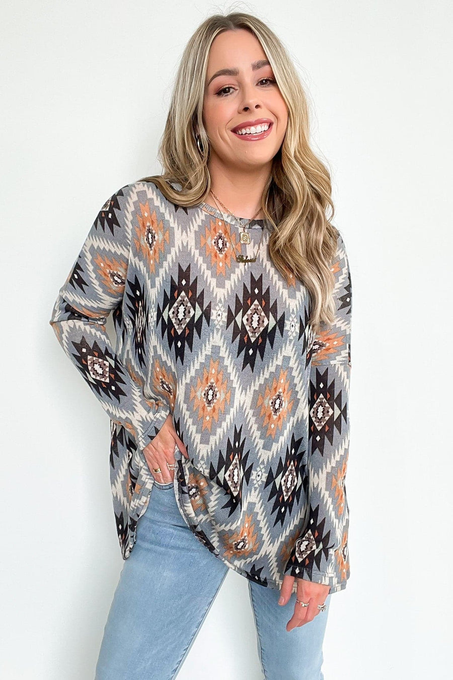 S / Gray Marvie Geo Print Relaxed Fit Top | CURVE - FINAL SALE - Madison and Mallory
