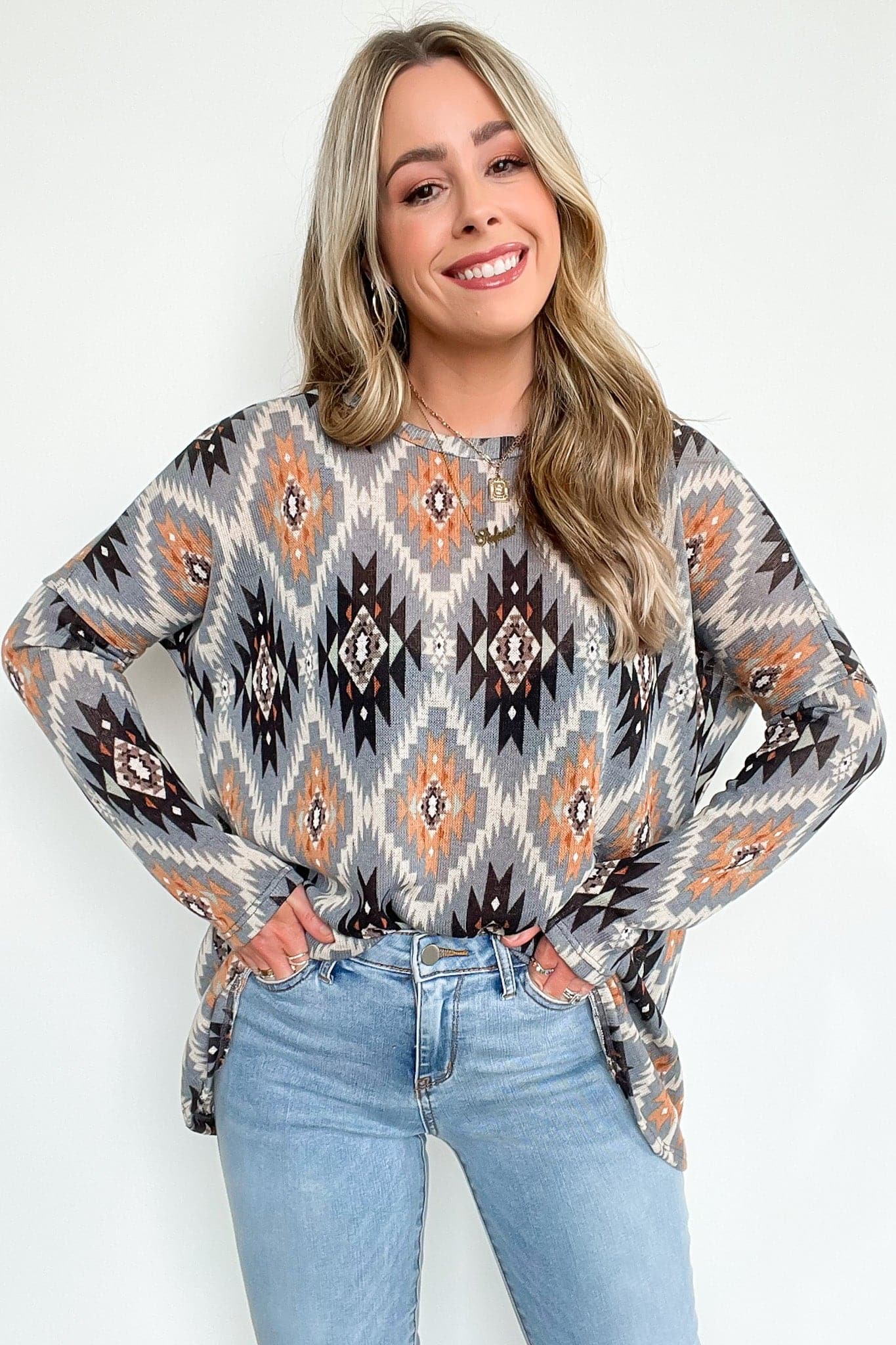  Marvie Geo Print Relaxed Fit Top | CURVE - FINAL SALE - Madison and Mallory