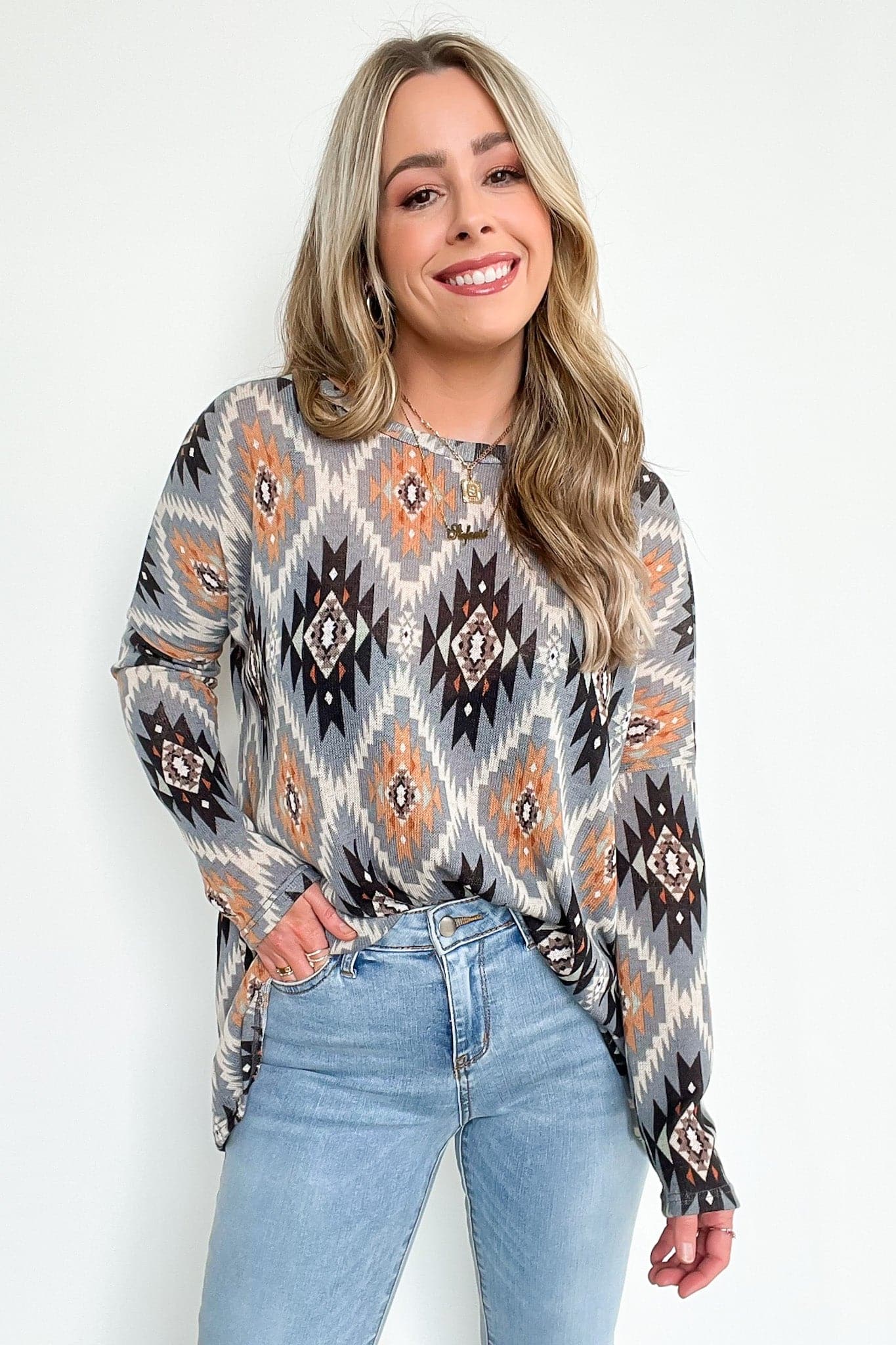 Marvie Geo Print Relaxed Fit Top | CURVE - FINAL SALE - Madison and Mallory
