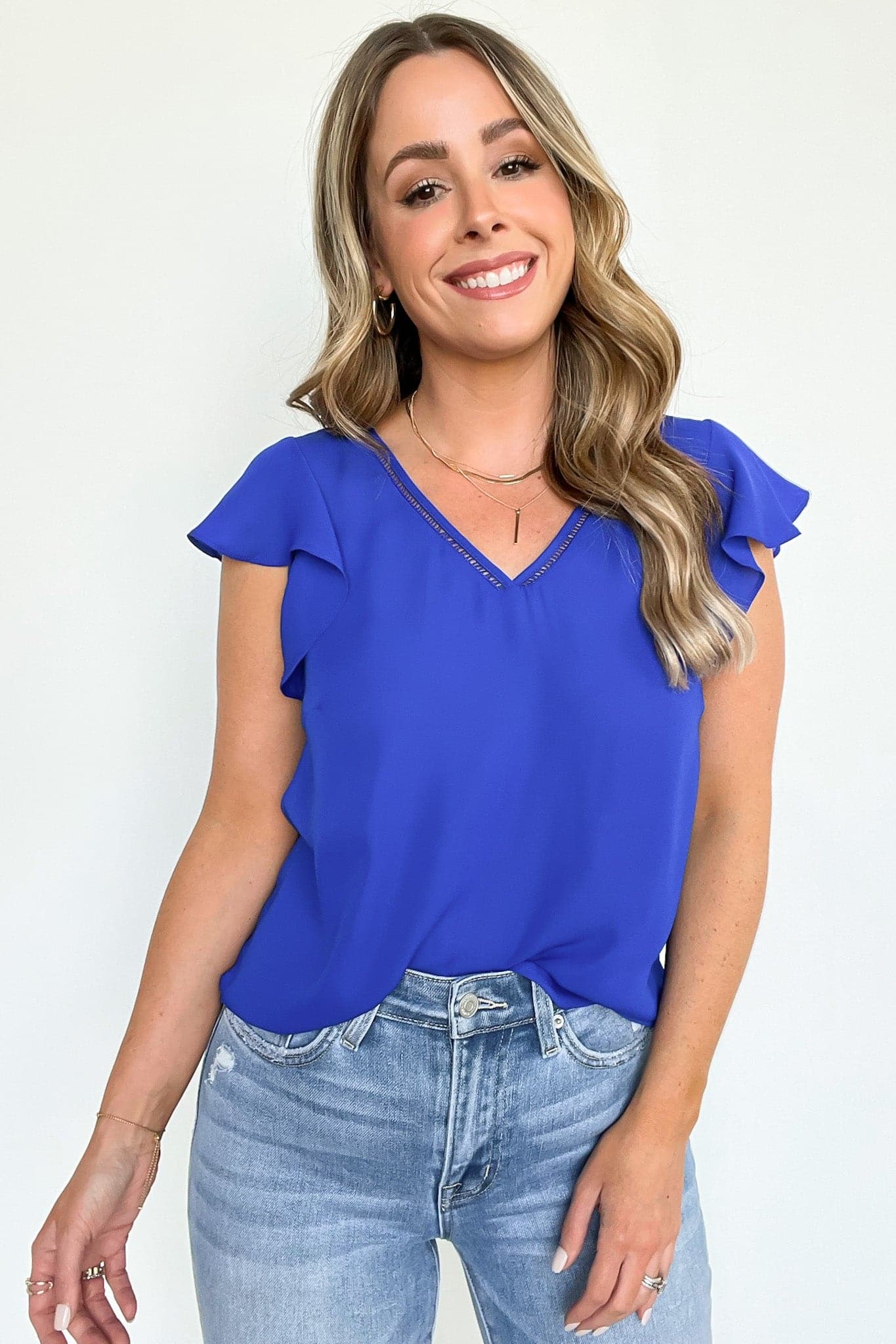 Royal Blue / S Mckynley V-Neck Ruffle Sleeve Top - FINAL SALE - Madison and Mallory