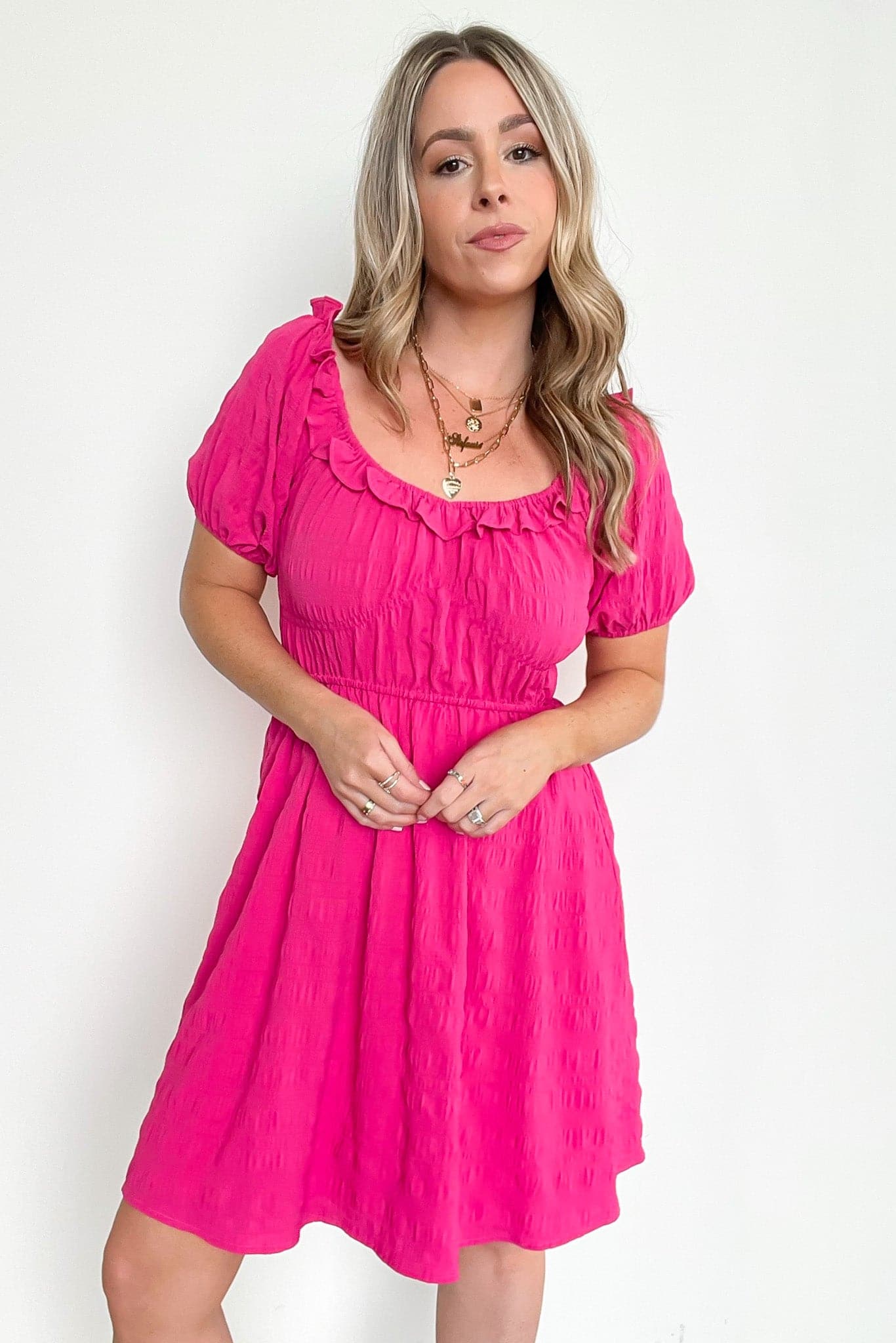 S / Hot Pink Meren Textured Ruffle Trim Dress - FINAL SALE - Madison and Mallory