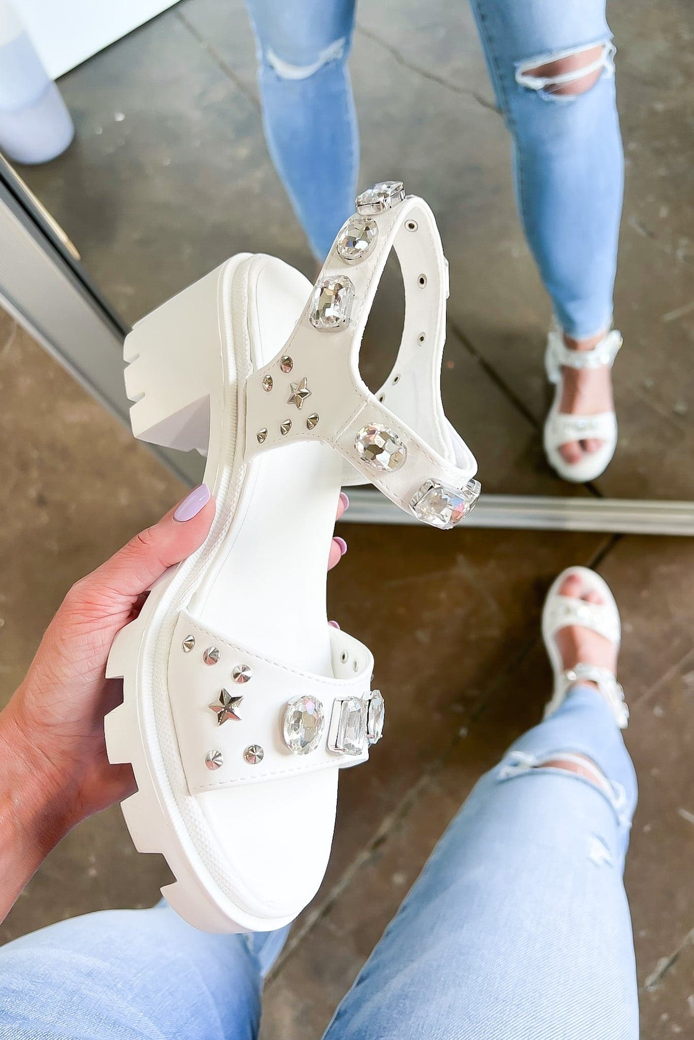 5 / White Mesmerizing Sparkle Studded Wedge Sandals - FINAL SALE - Madison and Mallory
