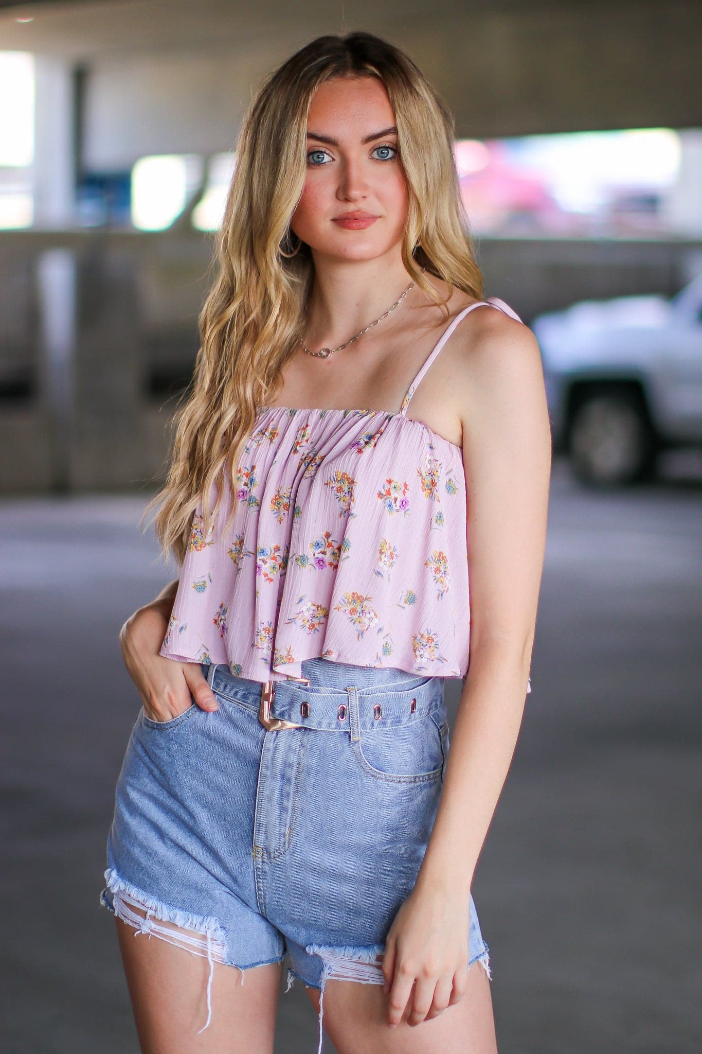 S / Lavender Met By Chance Floral Tie Strap Crop Tank Top - FINAL SALE - Madison and Mallory
