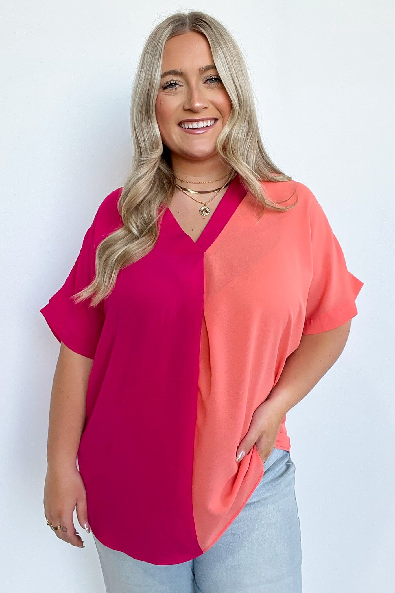 S / Fuchsia/Peach Mirellah Short Sleeve V-Neck Color Block Top | CURVE - FINAL SALE - Madison and Mallory