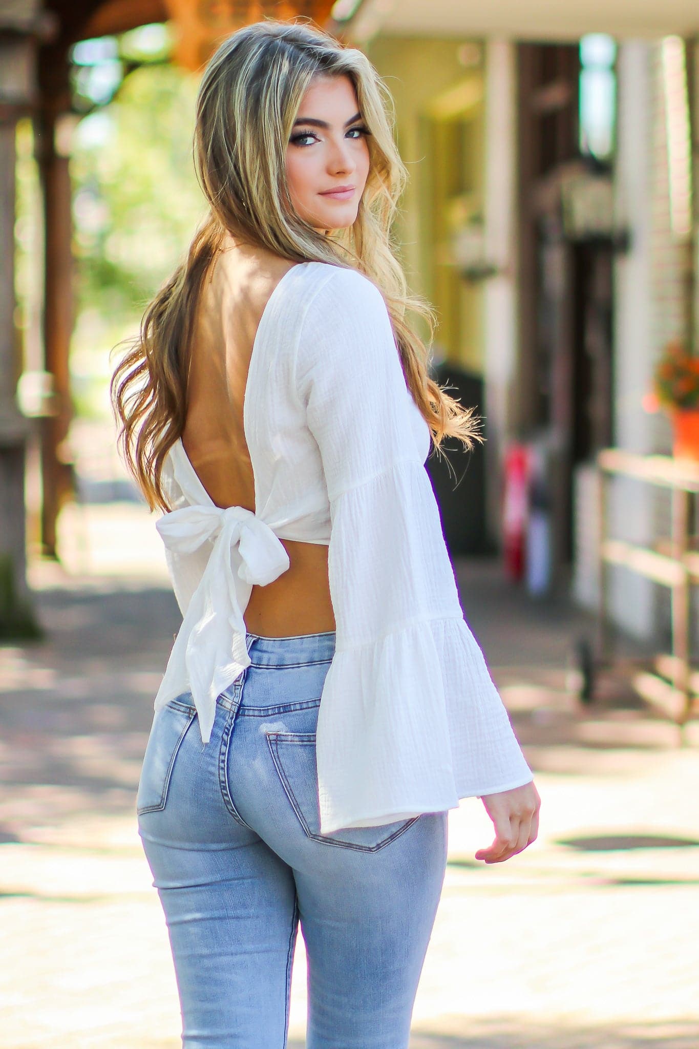 S / White Mirielle Tie Back Trumpet Sleeve Top - FINAL SALE - Madison and Mallory