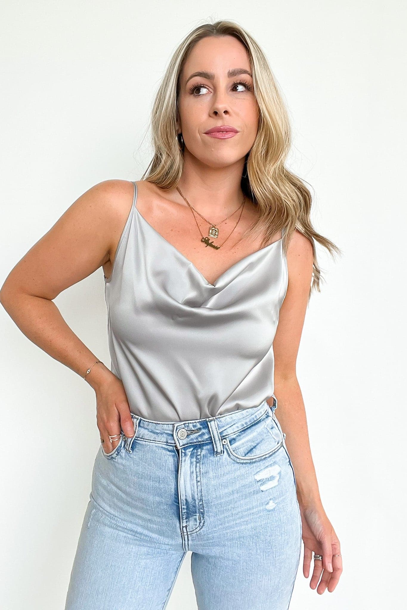 Silver / S Modern Diva Satin Draped Tank -  BACK IN STOCK - Madison and Mallory