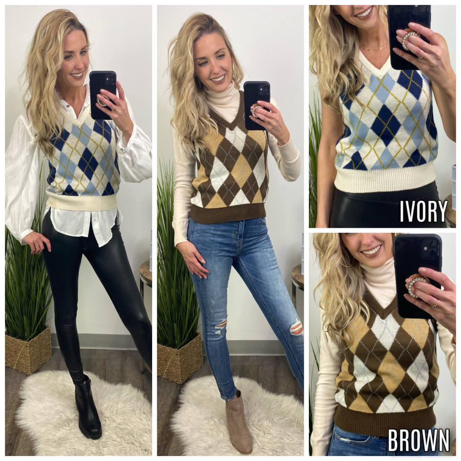 Myres V-Neck Argyle Sweater Vest - FINAL SALE - Madison and Mallory