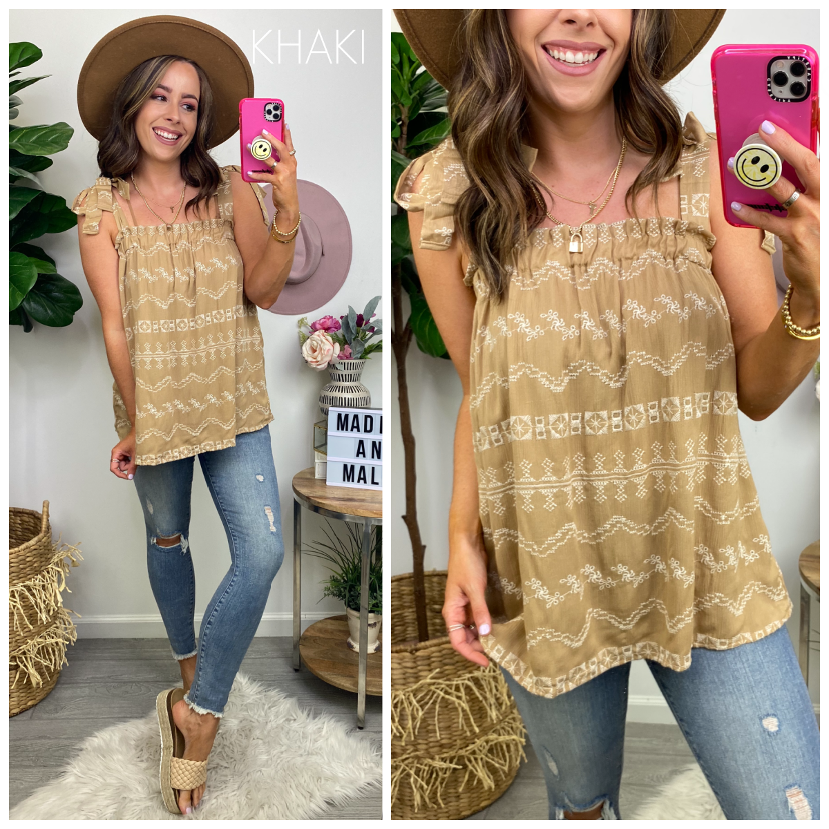 Nadea Boho Embroidered Tie Strap Tank Top - FINAL SALE - Madison and Mallory