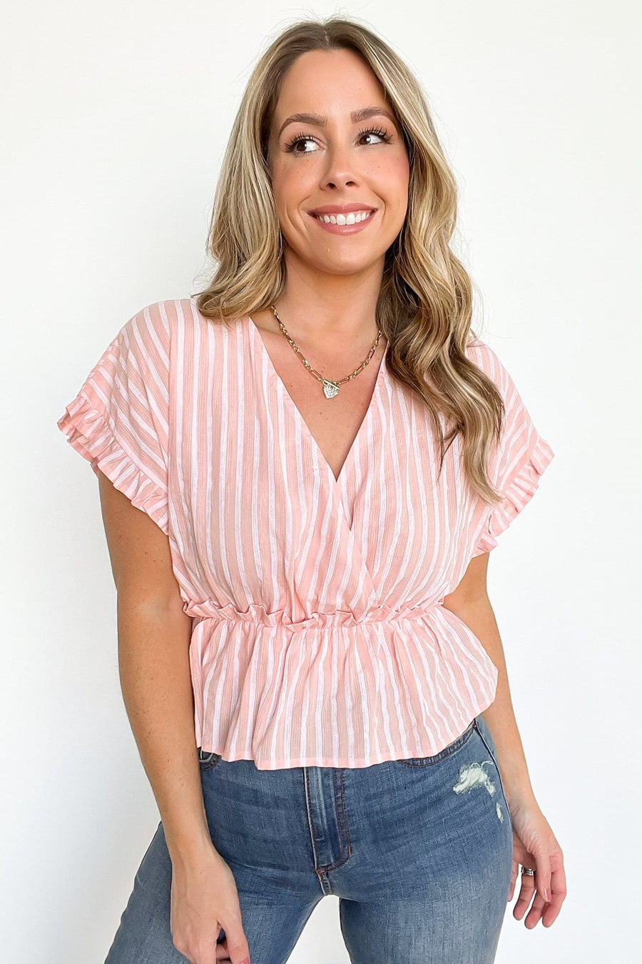 Blush / S Natural Light Striped Ruffle Trim Top - FINAL SALE - Madison and Mallory