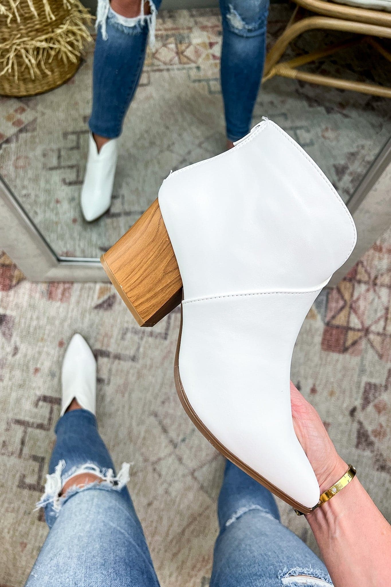 5.5 / White Next in Line Notch Front Faux Leather Booties - BACK IN STOCK - Madison and Mallory