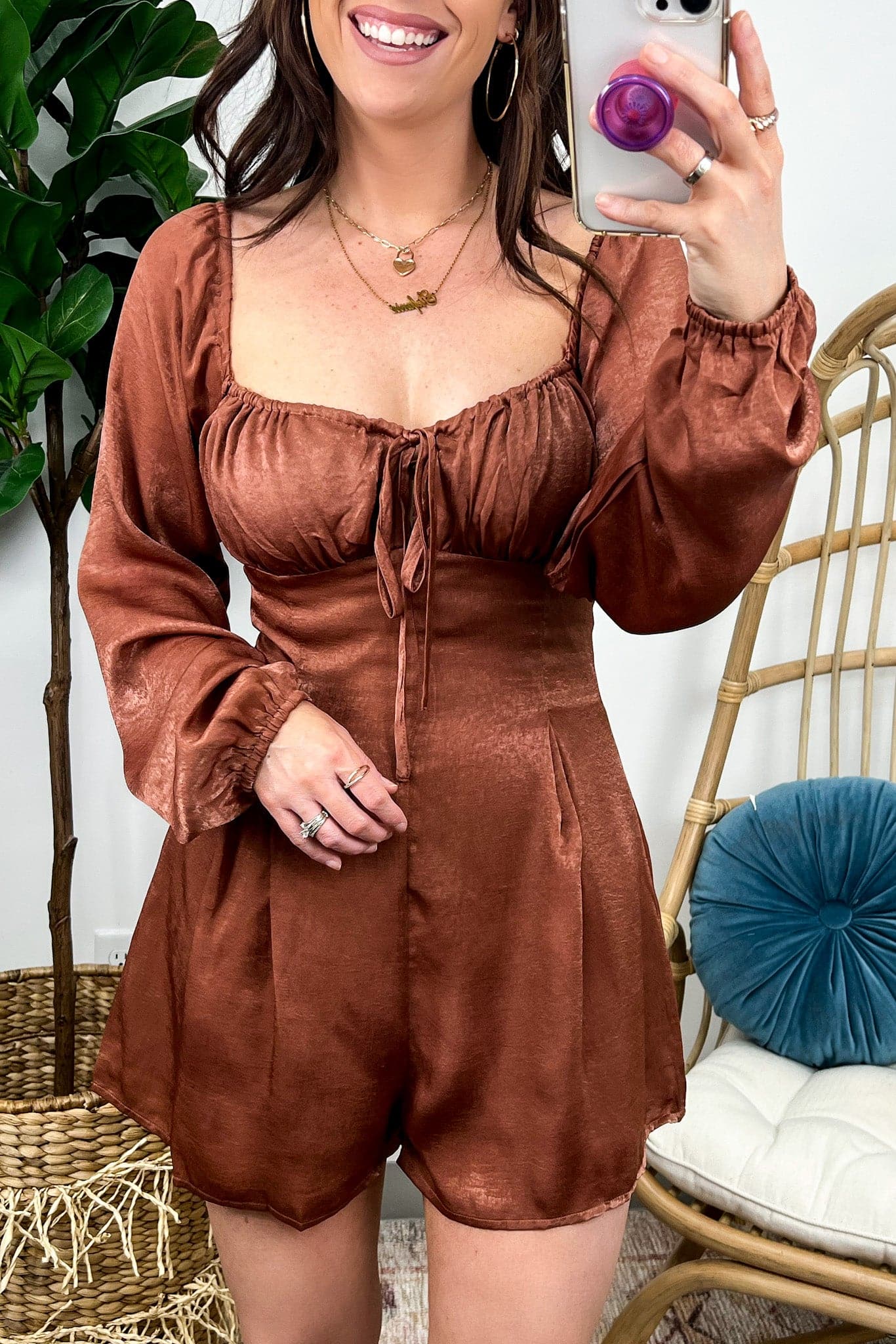  Nial Long Sleeve Ruched Satin Romper - FINAL SALE - Madison and Mallory