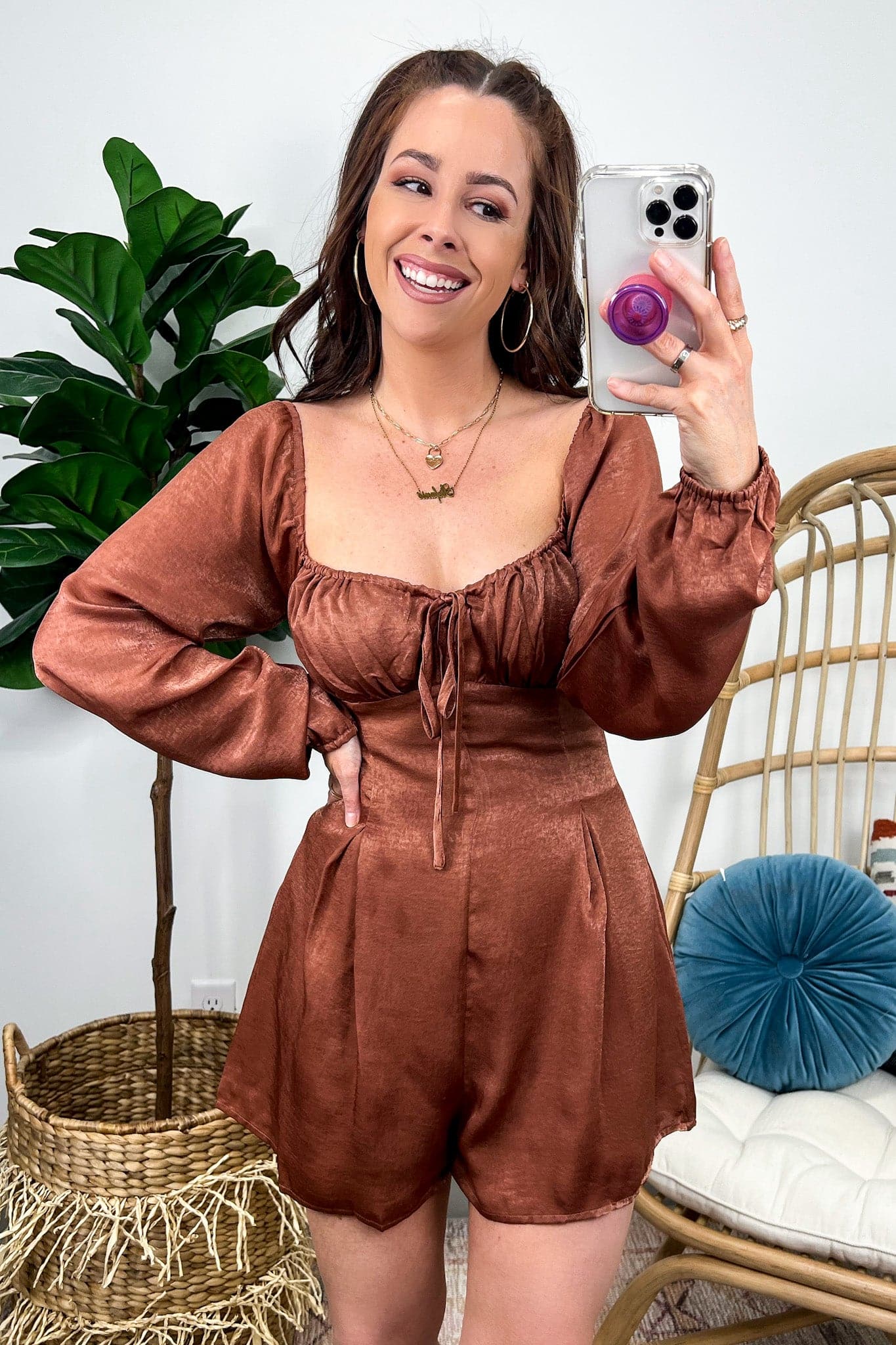 S / Ginger Nial Long Sleeve Ruched Satin Romper - FINAL SALE - Madison and Mallory