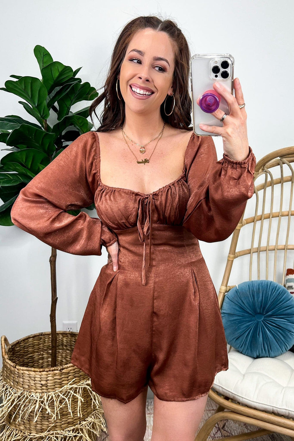 S / Ginger Nial Long Sleeve Ruched Satin Romper - FINAL SALE - Madison and Mallory