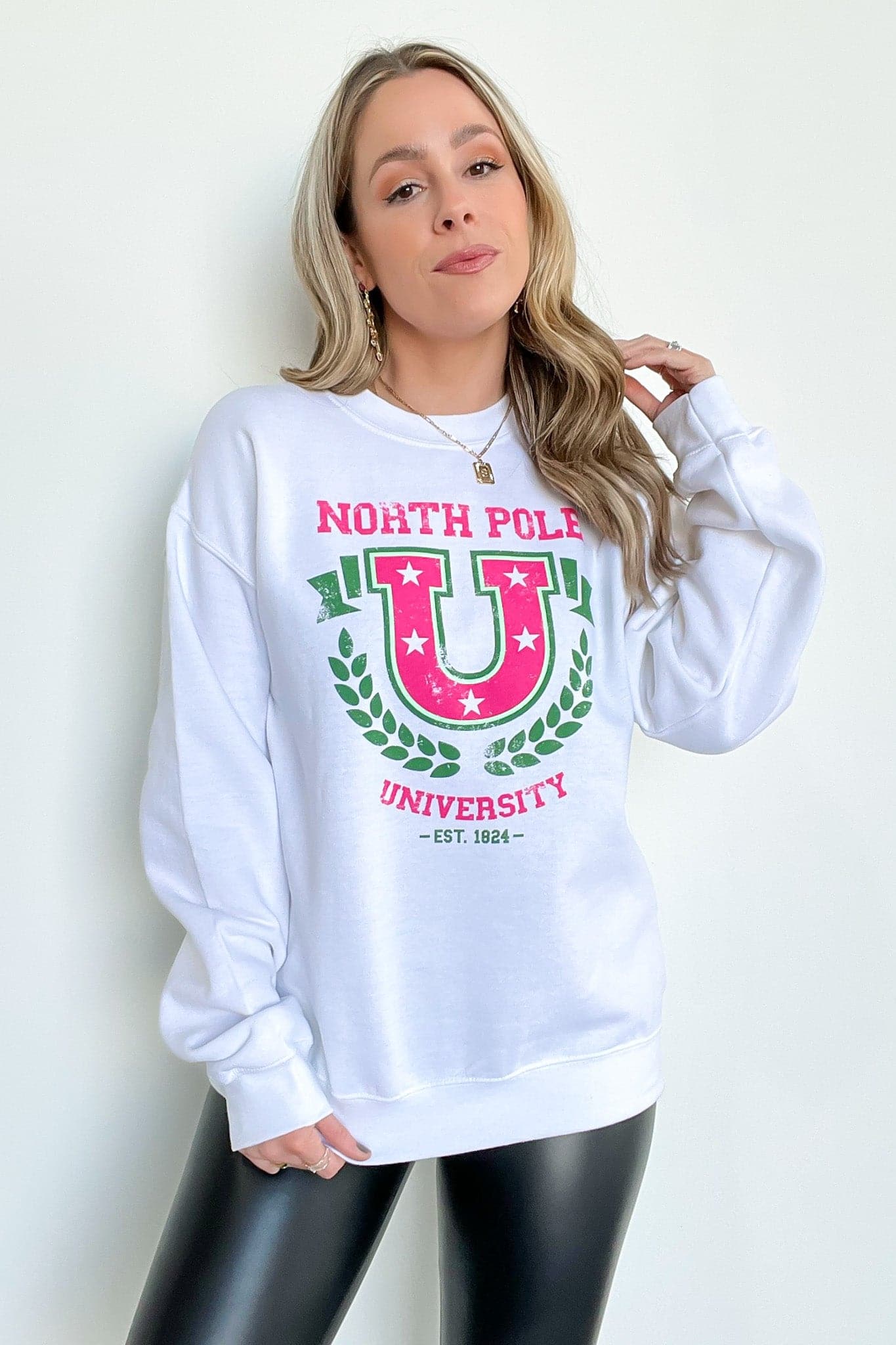 S / White North Pole University Oversized Graphic Sweatshirt - FINAL SALE - Madison and Mallory