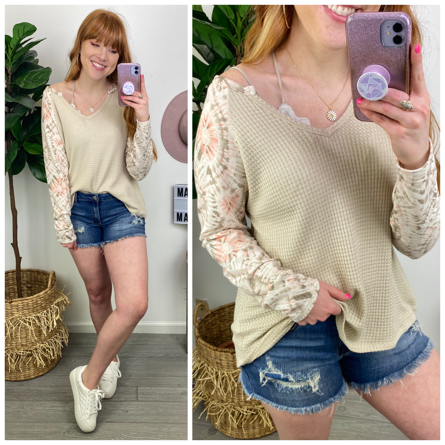 S / Taupe Only Destiny Marble Dye Contrast Sleeve Top - FINAL SALE - Madison and Mallory