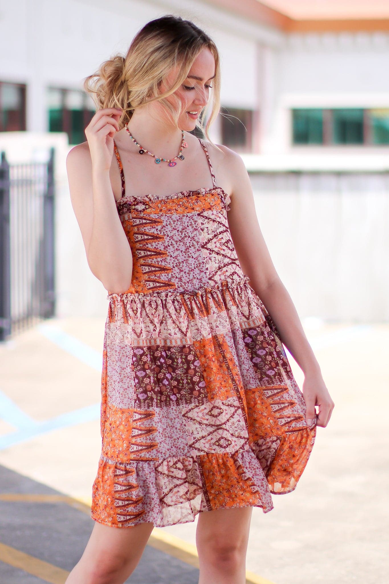 S / Multi Outer Sunset Ruffle Patchwork Dress - FINAL SALE - Madison and Mallory
